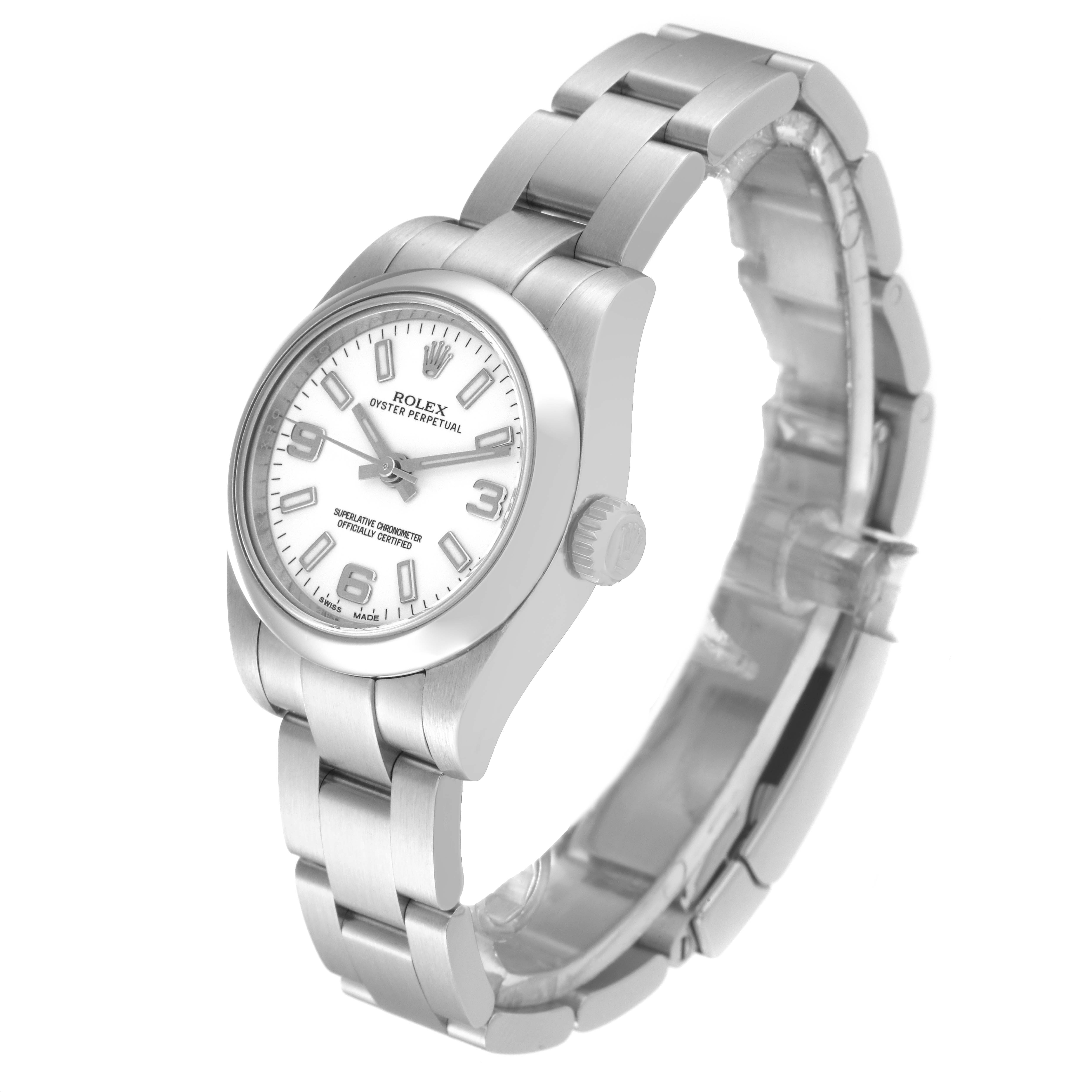 The image shows a Rolex Oyster Perpetual 176200 Women's Stainless Steel White Dial 176200 Women's Stainless Steel White Dial watch at a three-quarter angle, displaying its bracelet, case, and dial clearly.