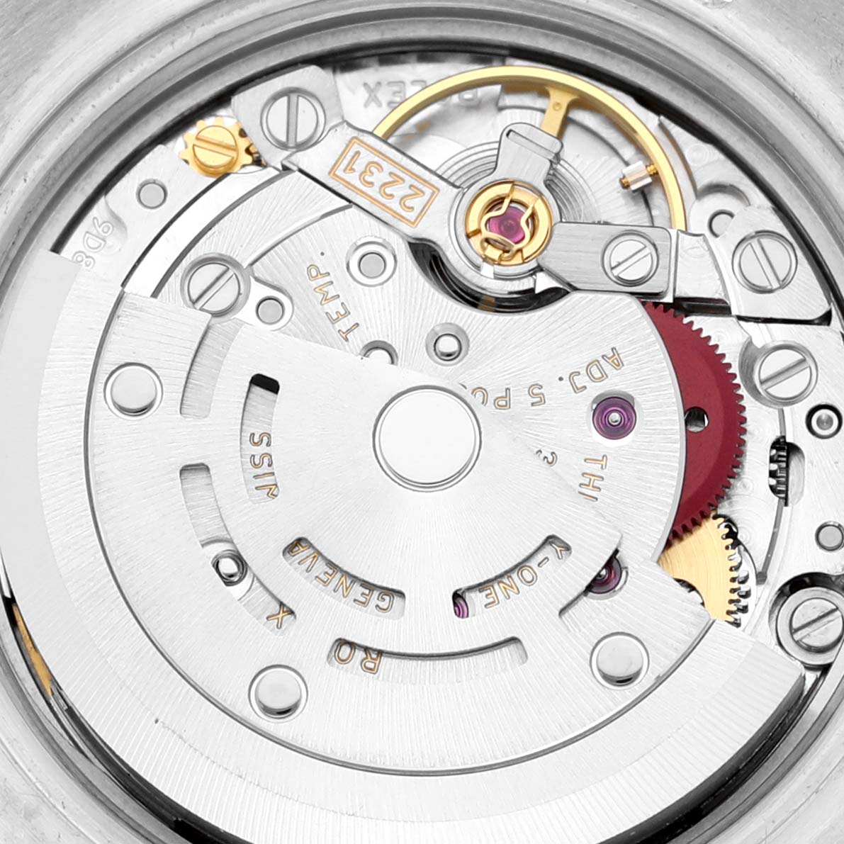 This image shows the movement mechanism of a Rolex Oyster Perpetual 176200 Women's Stainless Steel White Dial 176200 Women's Stainless Steel White Dial watch viewed from the back.