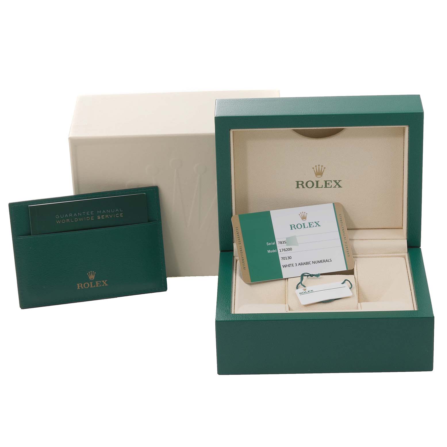 This image shows the packaging, guarantee manual, and accessories for a Rolex Oyster Perpetual 176200 Women's Stainless Steel White Dial 176200 Women's Stainless Steel White Dial watch.