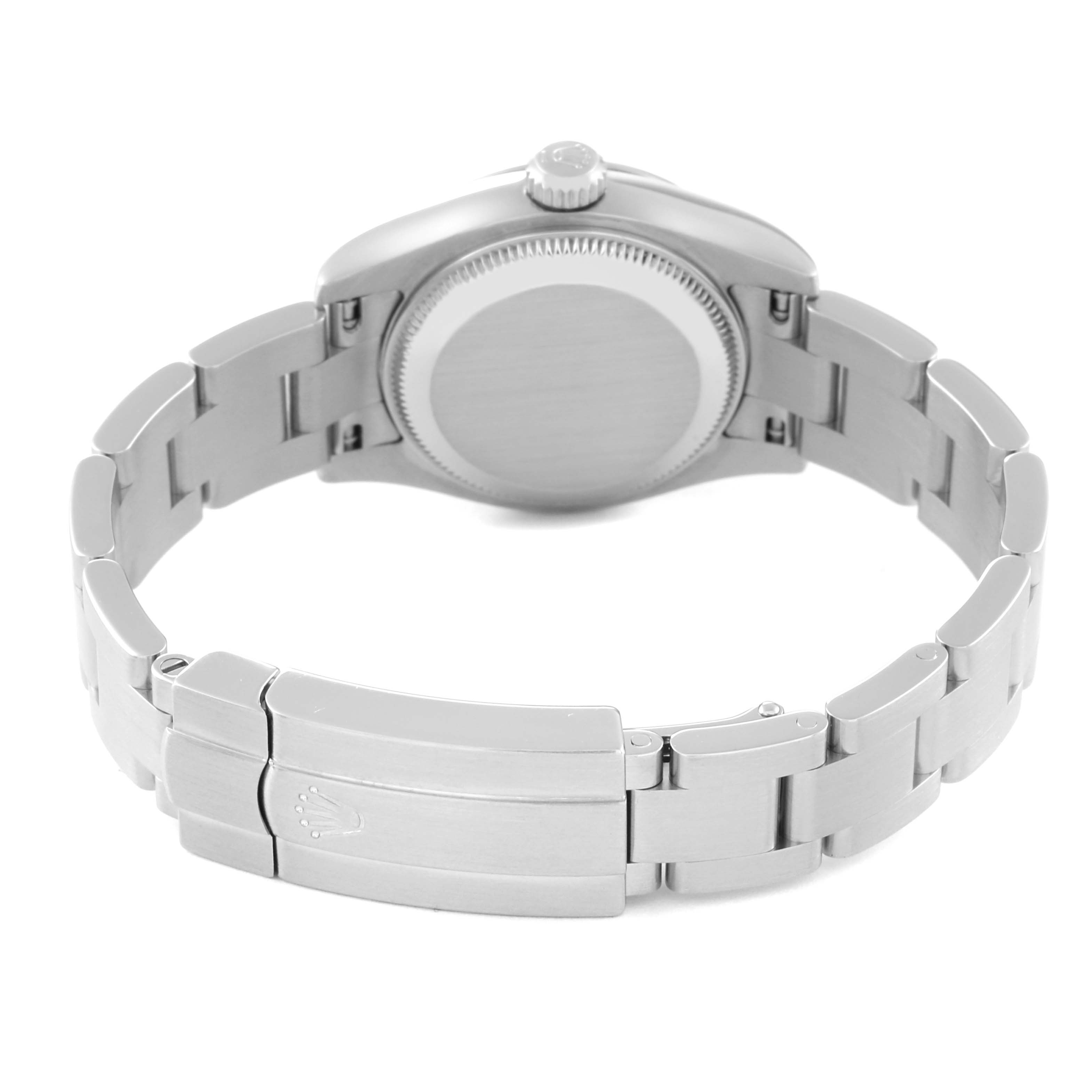 This image shows the back view of the Rolex Oyster Perpetual 176200 Women's Stainless Steel White Dial 176200 Women's Stainless Steel White Dial watch, displaying its stainless steel bracelet and closed clasp.