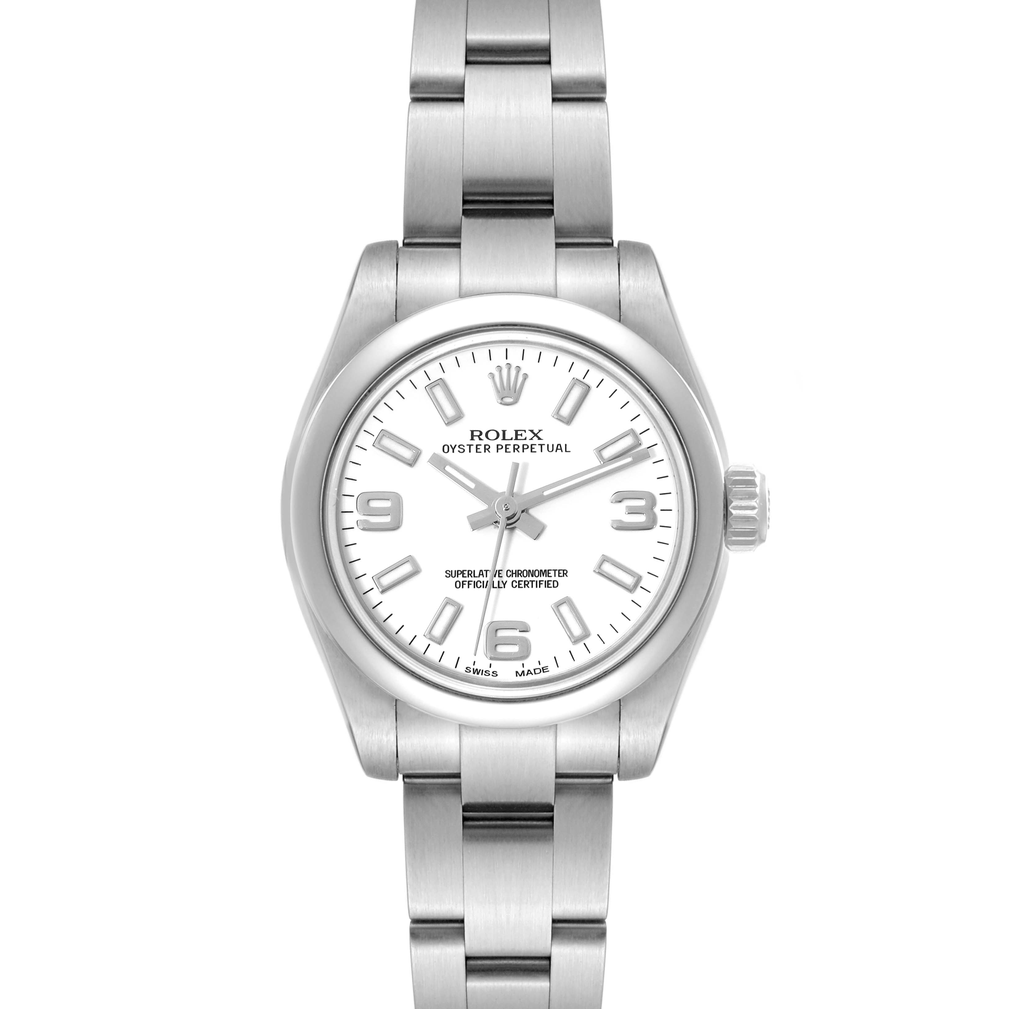 The image shows a front view of a Rolex Oyster Perpetual 176200 Women's Stainless Steel White Dial 176200 Women's Stainless Steel White Dial watch displaying its dial, hands, case, and bracelet.