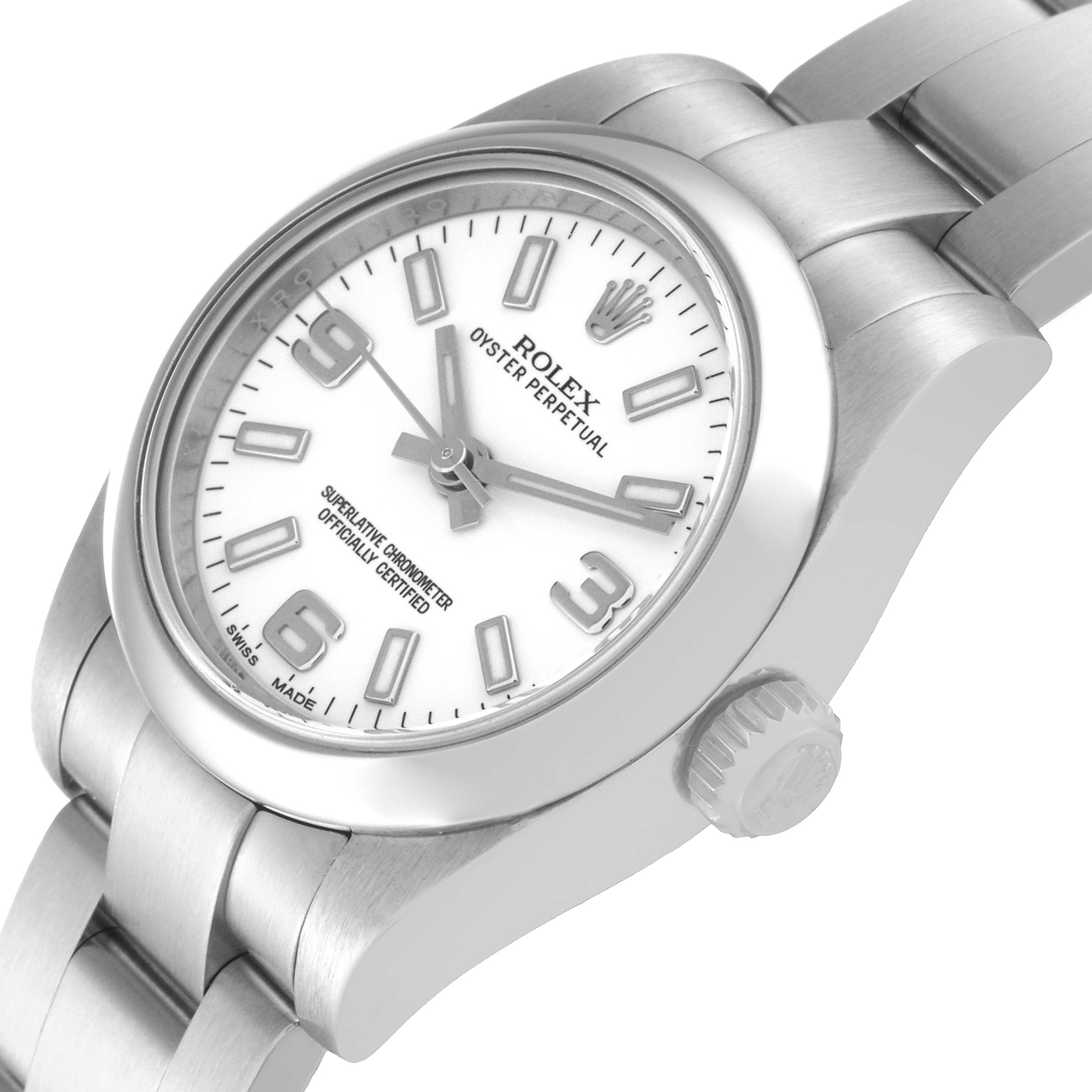 The image shows a close-up angle of a Rolex Oyster Perpetual 176200 Women's Stainless Steel White Dial 176200 Women's Stainless Steel White Dial watch, highlighting the dial, bezel, and part of the bracelet.