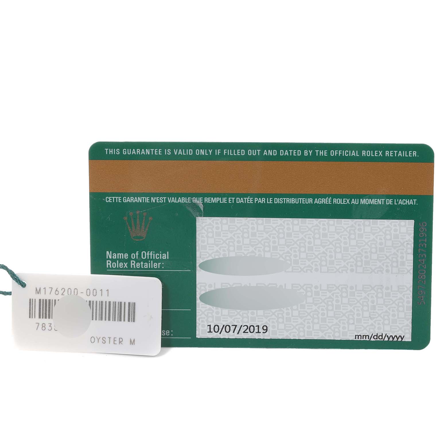 The image shows a warranty card and a product tag for a Rolex Oyster Perpetual 176200 Women's Stainless Steel White Dial 176200 Women's Stainless Steel White Dial watch.
