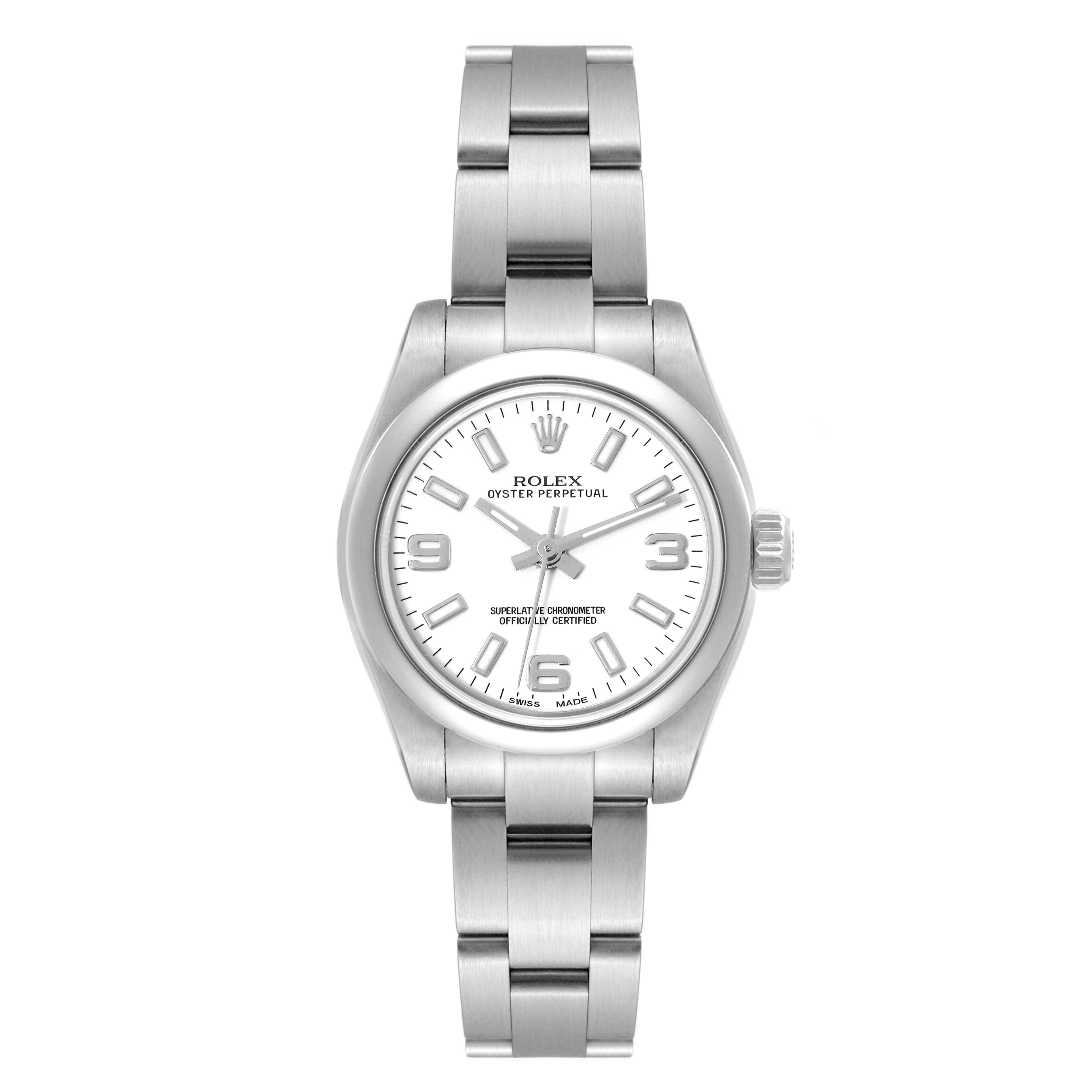 The image shows a front view of the Rolex Oyster Perpetual 176200 Women's Stainless Steel White Dial 176200 Women's Stainless Steel White Dial watch, displaying its dial, bezel, and bracelet.