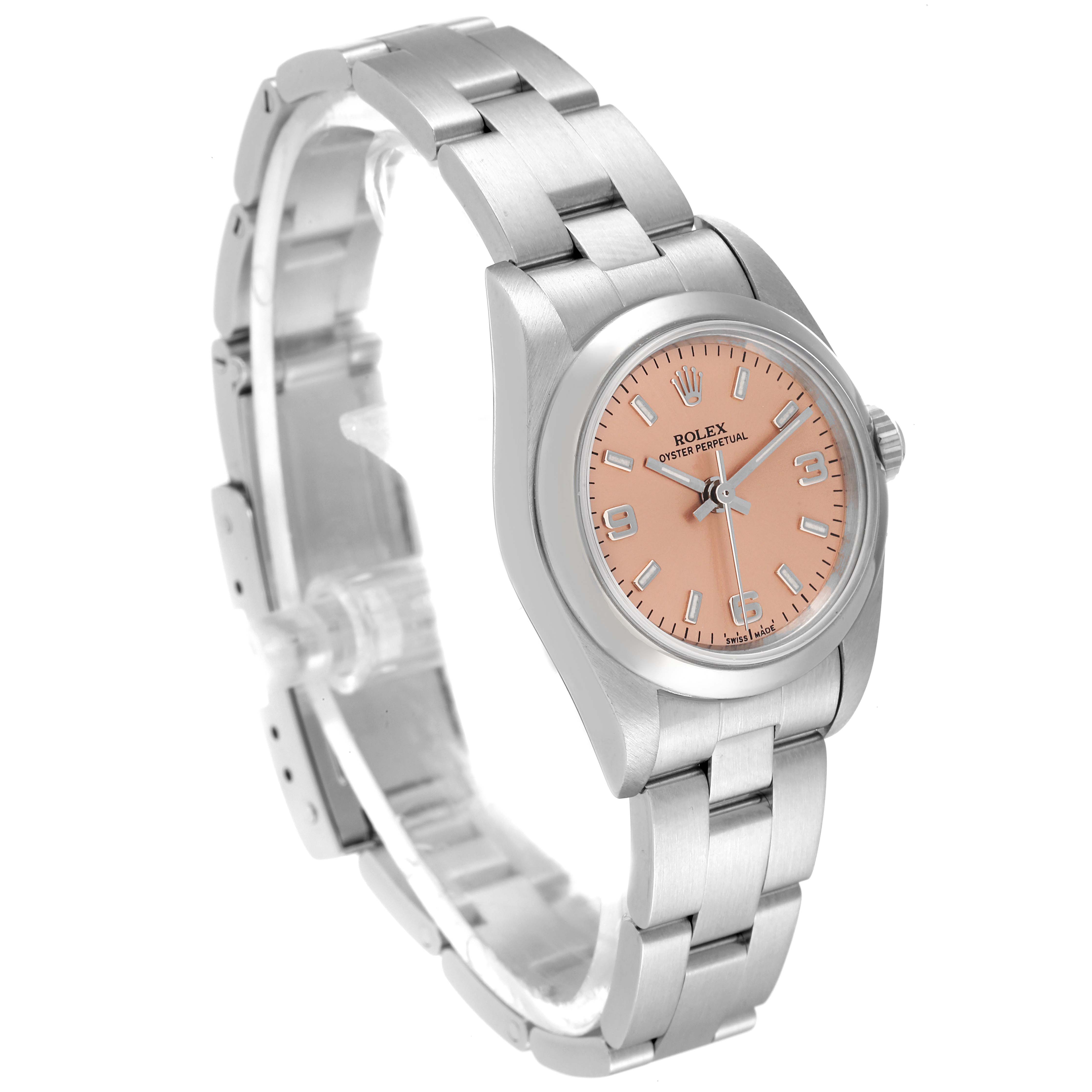 The Rolex Oyster Perpetual 76080 Women
s Stainless Steel Pink Dial 76080 Women
s Stainless Steel Pink Dial watch is shown at a three-quarter angle, featuring the dial, bezel, case, and bracelet.