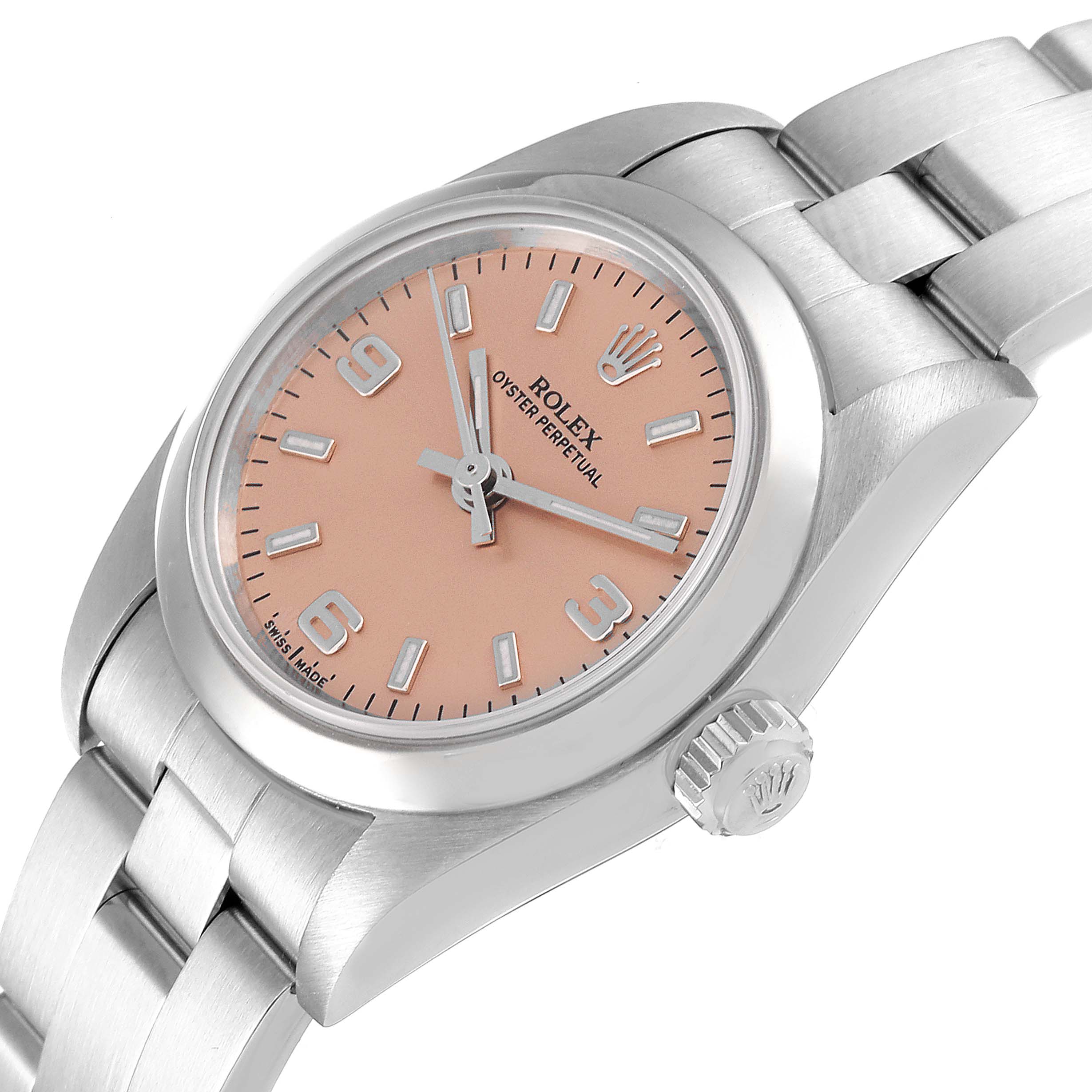 The image shows a close-up side angle of a Rolex Oyster Perpetual 76080 Women
s Stainless Steel Pink Dial 76080 Women
s Stainless Steel Pink Dial watch, highlighting the pink dial, crown, and stainless steel bracelet.