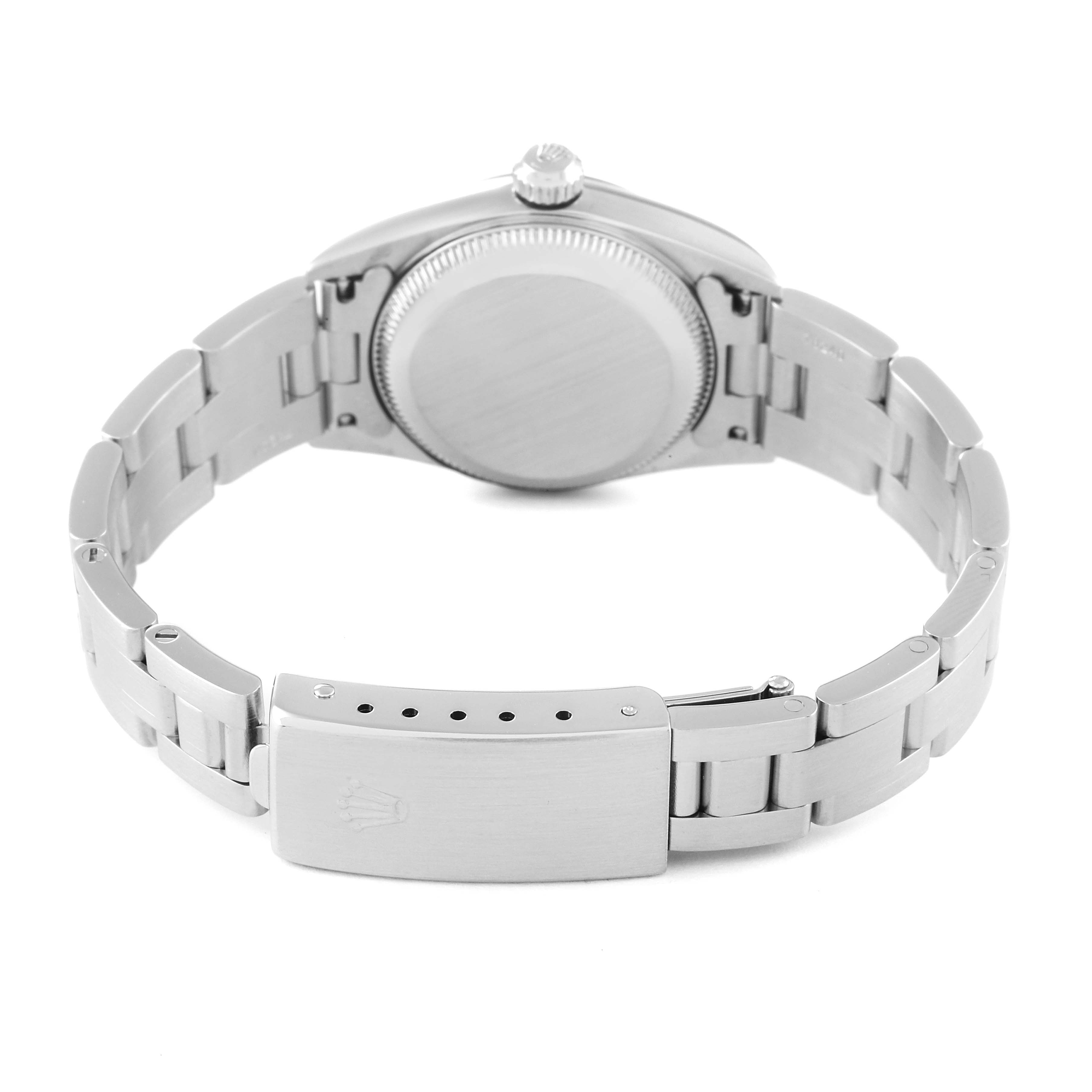 This image shows the back view of a Rolex Oyster Perpetual 76080 Women
s Stainless Steel Pink Dial 76080 Women
s Stainless Steel Pink Dial watch, highlighting the bracelet, clasp, and caseback.