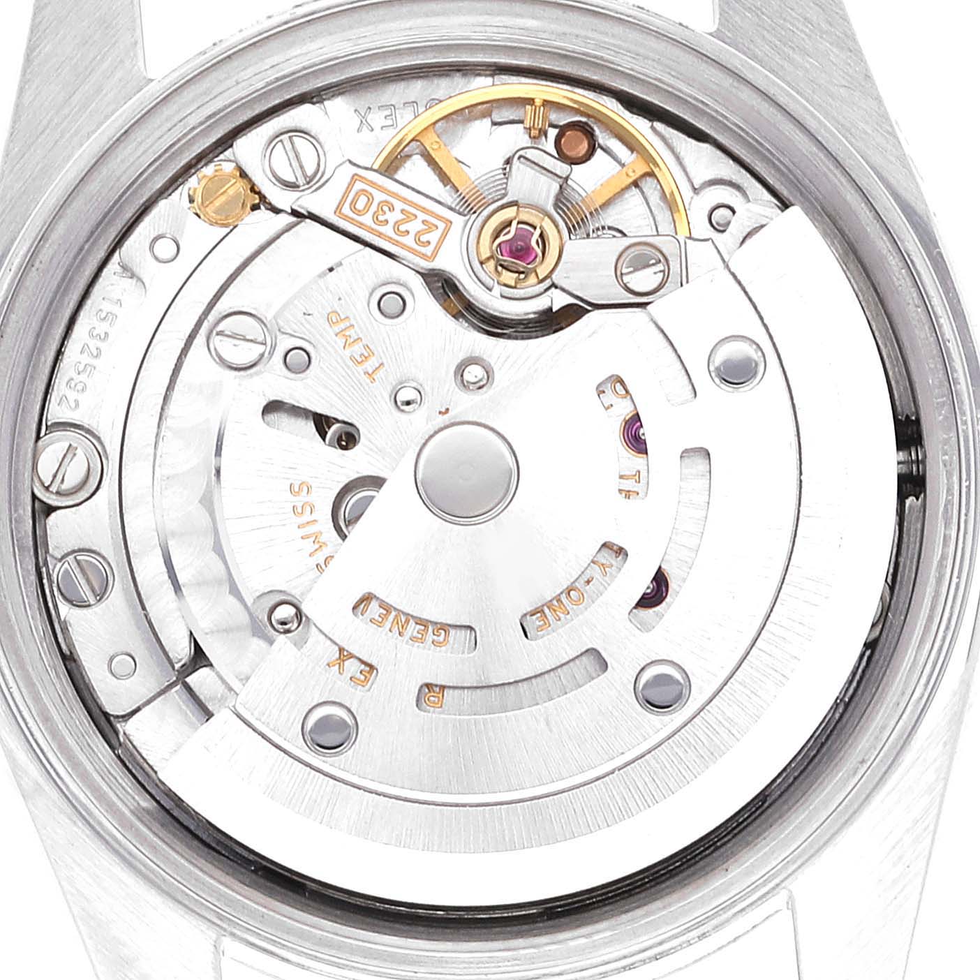This is a close-up view of the inner mechanical movement of a Rolex Oyster Perpetual 76080 Women
s Stainless Steel Pink Dial 76080 Women
s Stainless Steel Pink Dial watch.
