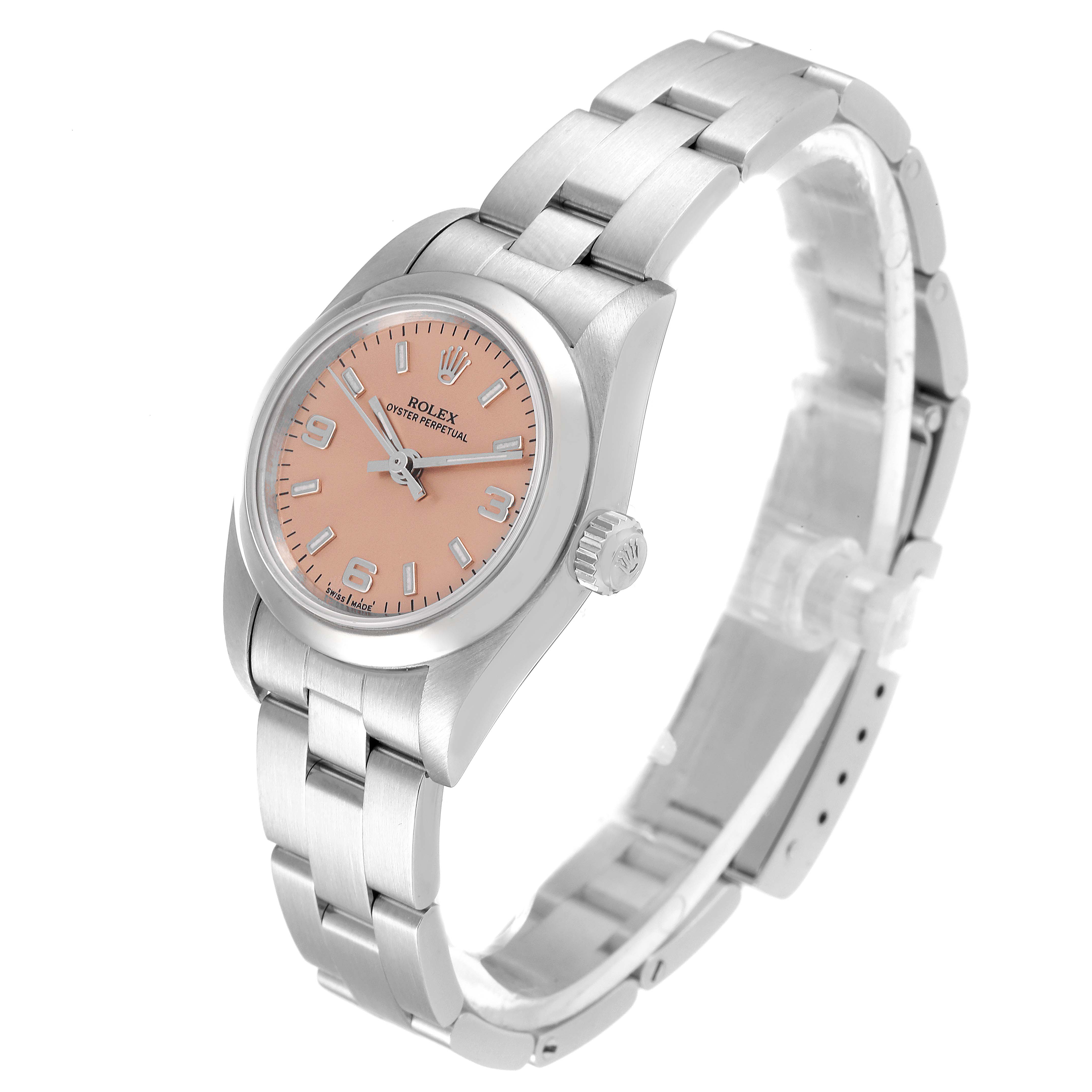 The Rolex Oyster Perpetual 76080 Women
s Stainless Steel Pink Dial 76080 Women
s Stainless Steel Pink Dial watch is shown at a three-quarter angle, displaying the face, case, and band.