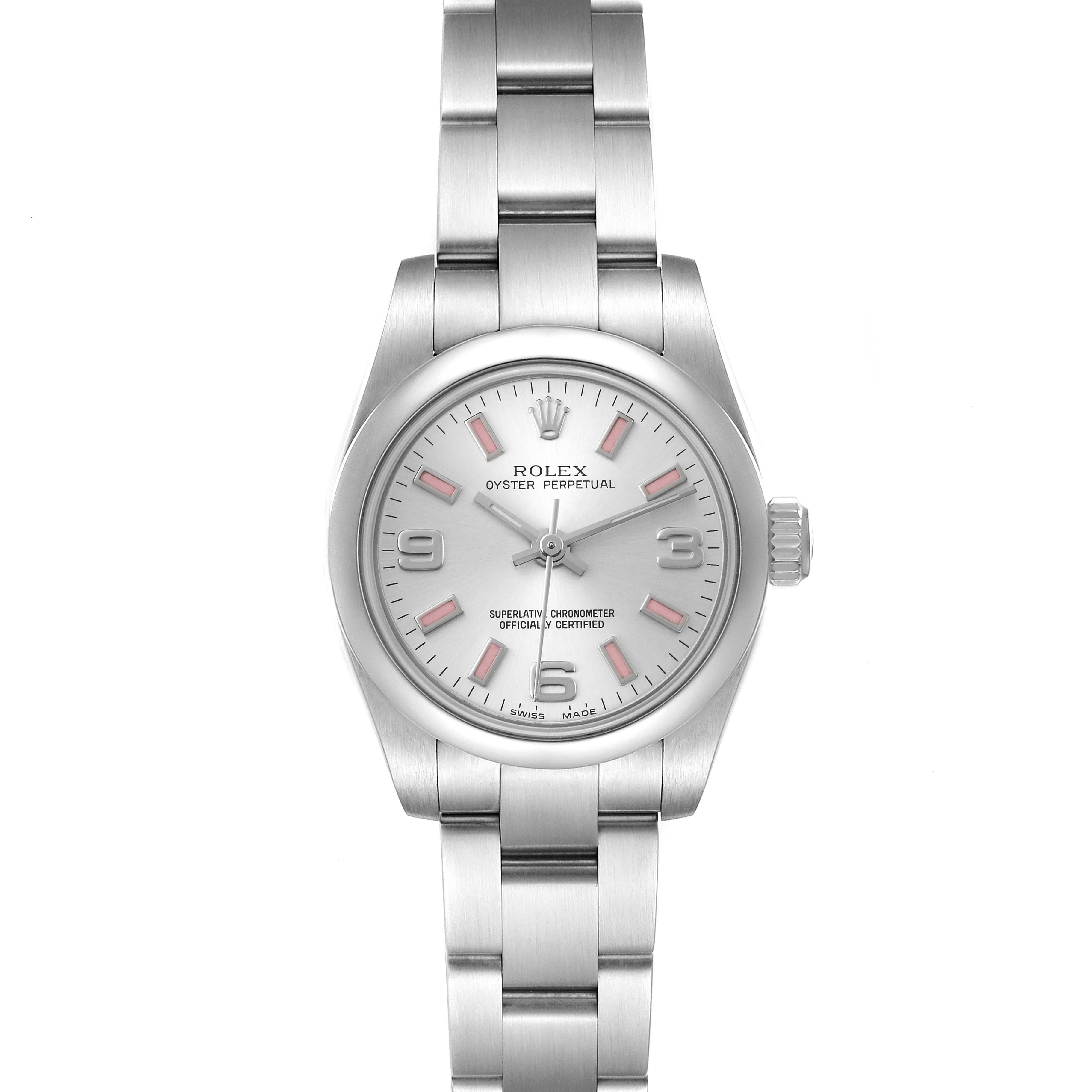 The image shows a front view of the Rolex Oyster Perpetual 176200 Women's Stainless Steel Silver Dial 176200 Women's Stainless Steel Silver Dial watch, highlighting the dial, hands, bracelet, and crown.