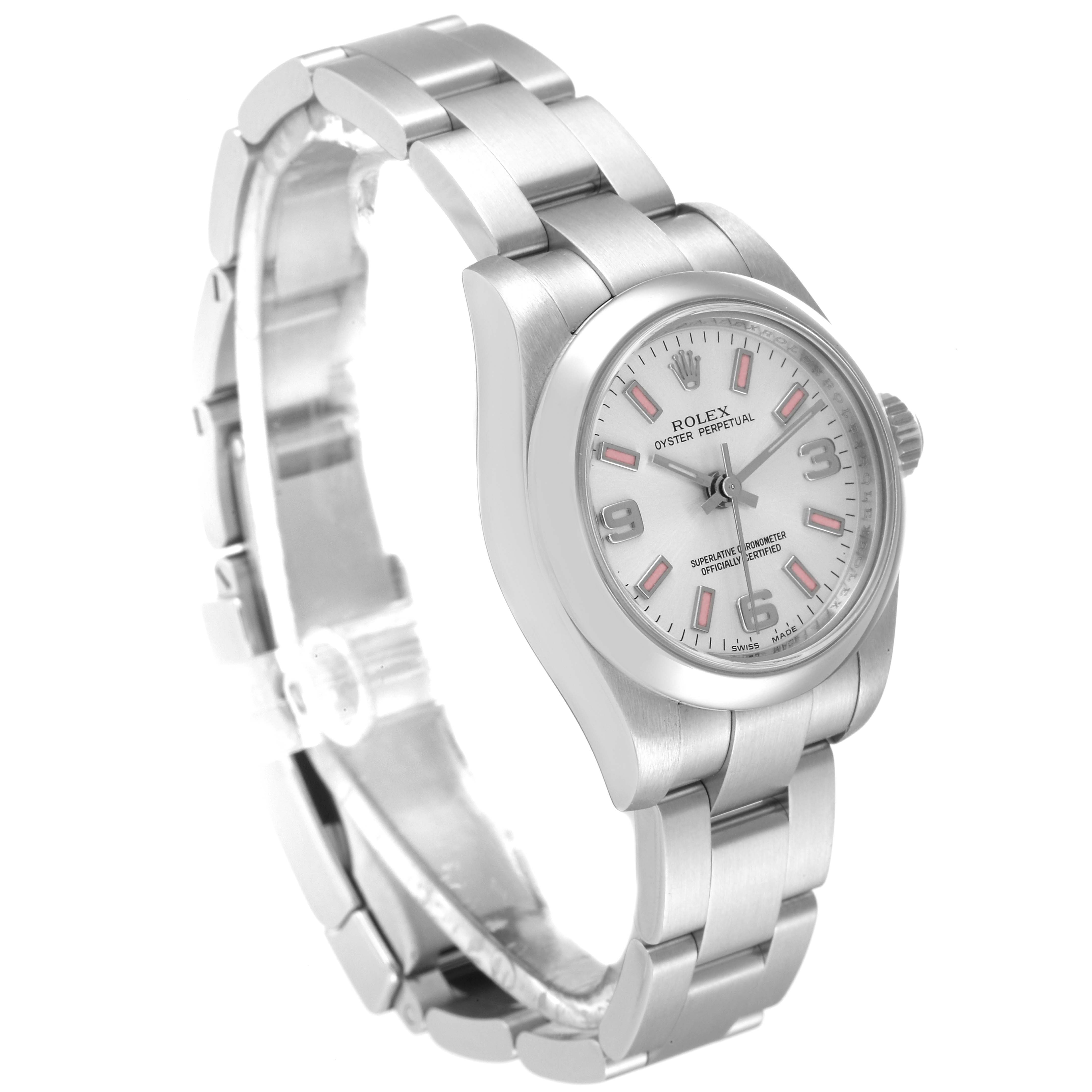 This Rolex Oyster Perpetual 176200 Women's Stainless Steel Silver Dial 176200 Women's Stainless Steel Silver Dial watch is shown at a slight angle, highlighting the dial, case, and part of the bracelet.