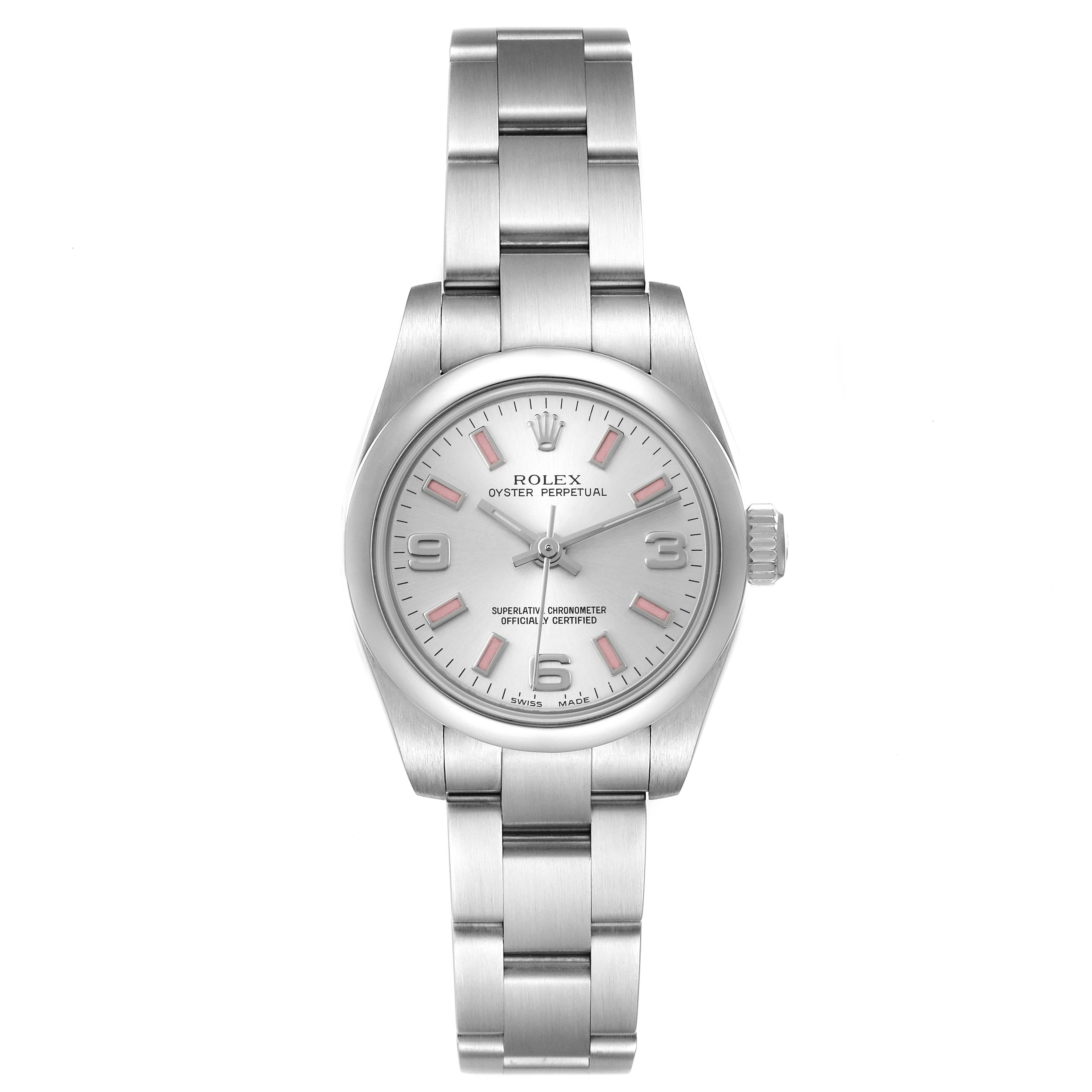 This image shows a front view of the Rolex Oyster Perpetual 176200 Women's Stainless Steel Silver Dial 176200 Women's Stainless Steel Silver Dial watch, displaying its face, bezel, and bracelet.