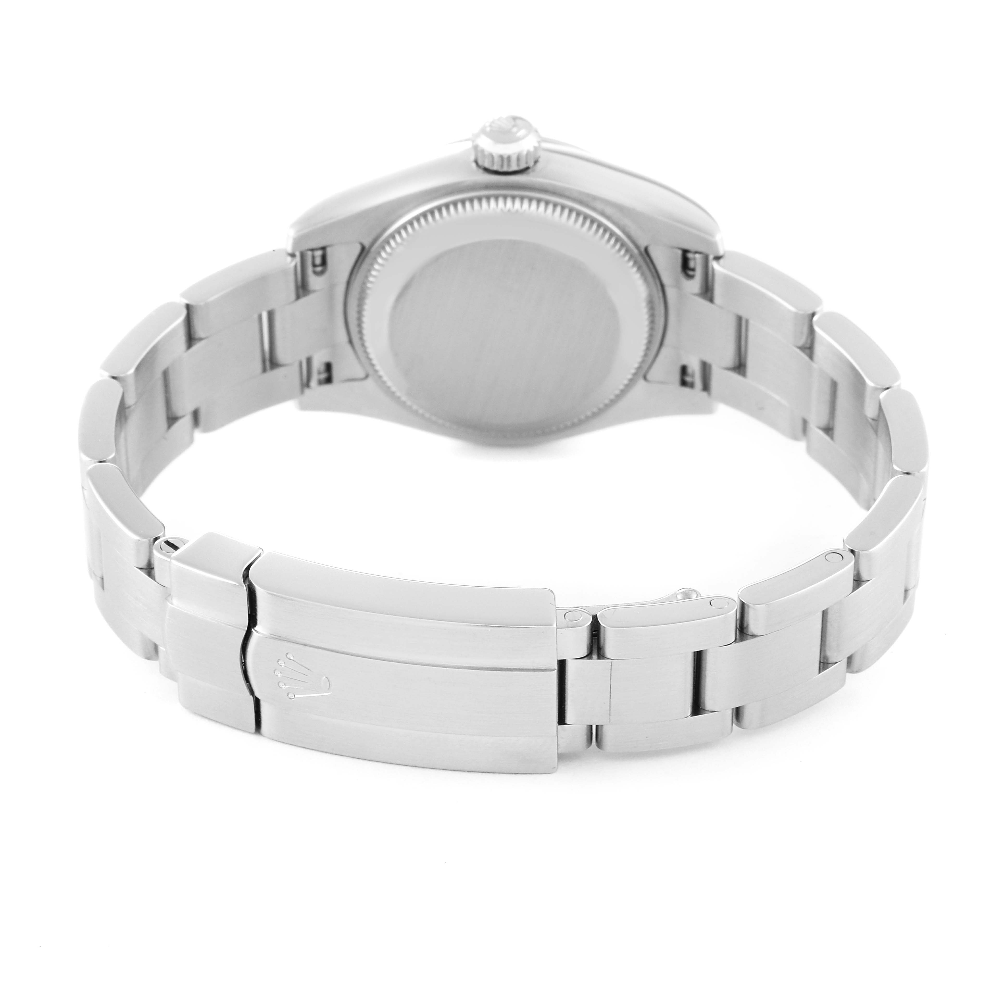 This image shows the back view of a Rolex Oyster Perpetual 176200 Women's Stainless Steel Silver Dial 176200 Women's Stainless Steel Silver Dial watch, including the case back and bracelet with the clasp visible.