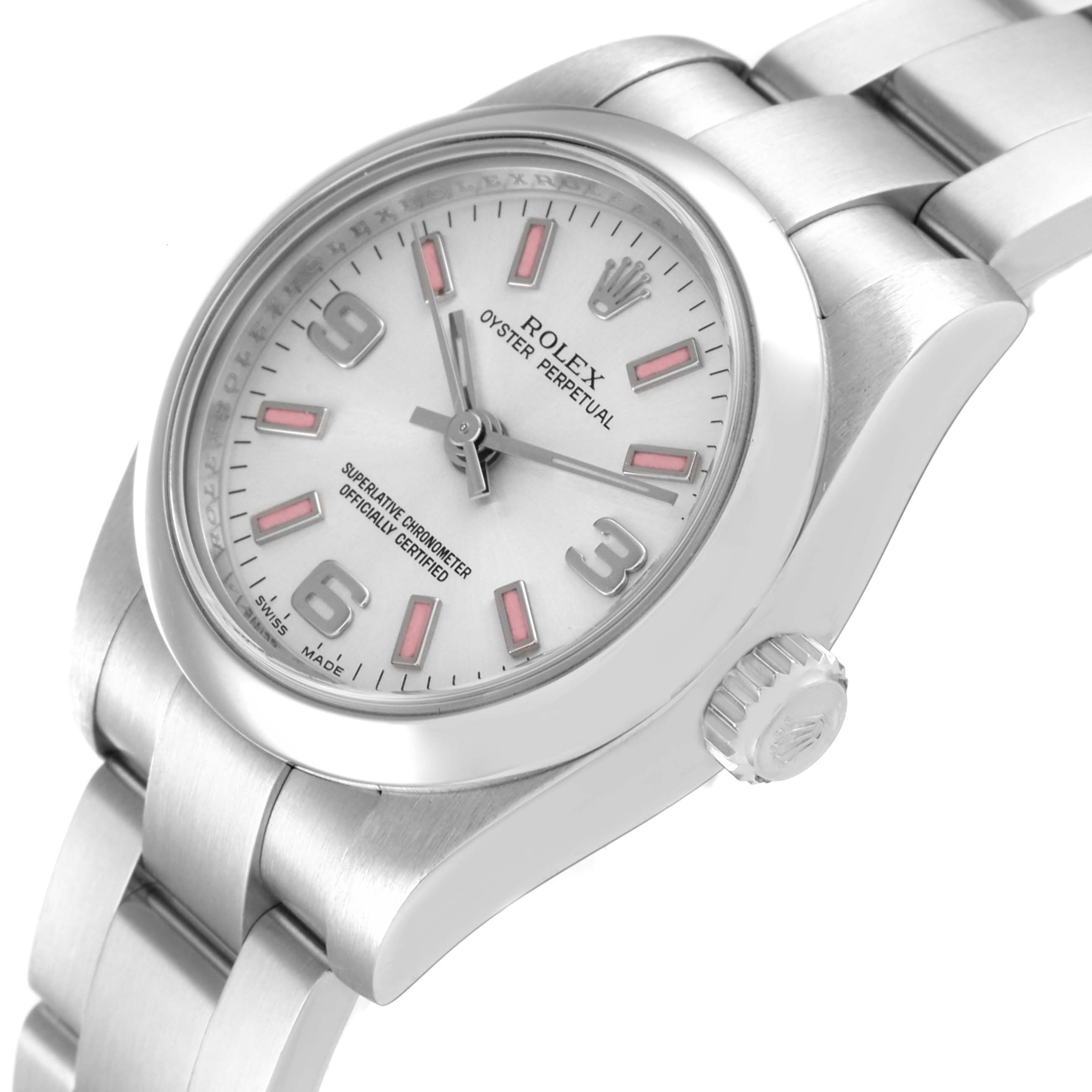 The Rolex Oyster Perpetual 176200 Women's Stainless Steel Silver Dial 176200 Women's Stainless Steel Silver Dial watch is shown at a slight angle, highlighting its dial, crown, and part of the bracelet.
