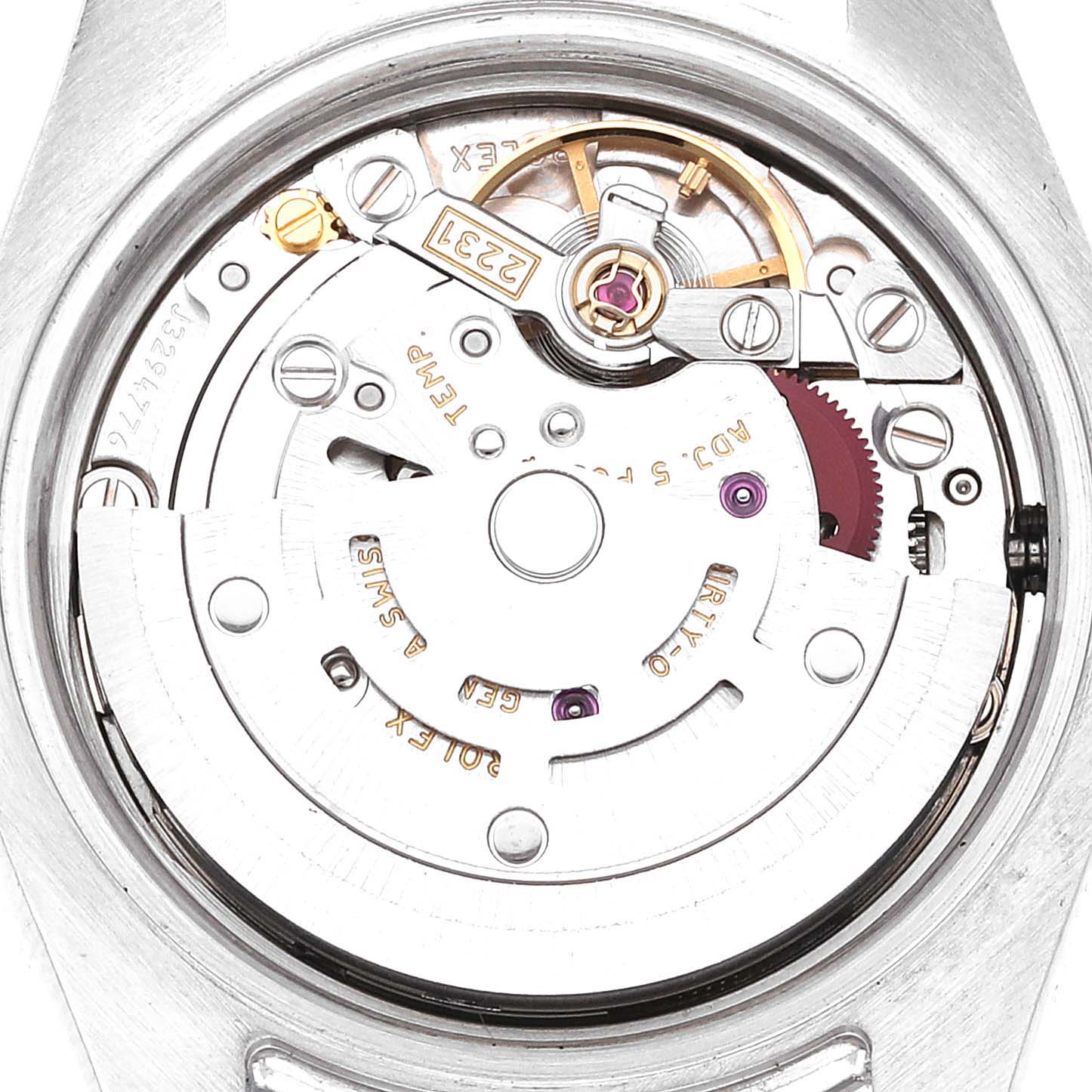 This is the back view of the Rolex Oyster Perpetual 176200 Women's Stainless Steel Silver Dial 176200 Women's Stainless Steel Silver Dial showing its intricate mechanical movement and inner components.