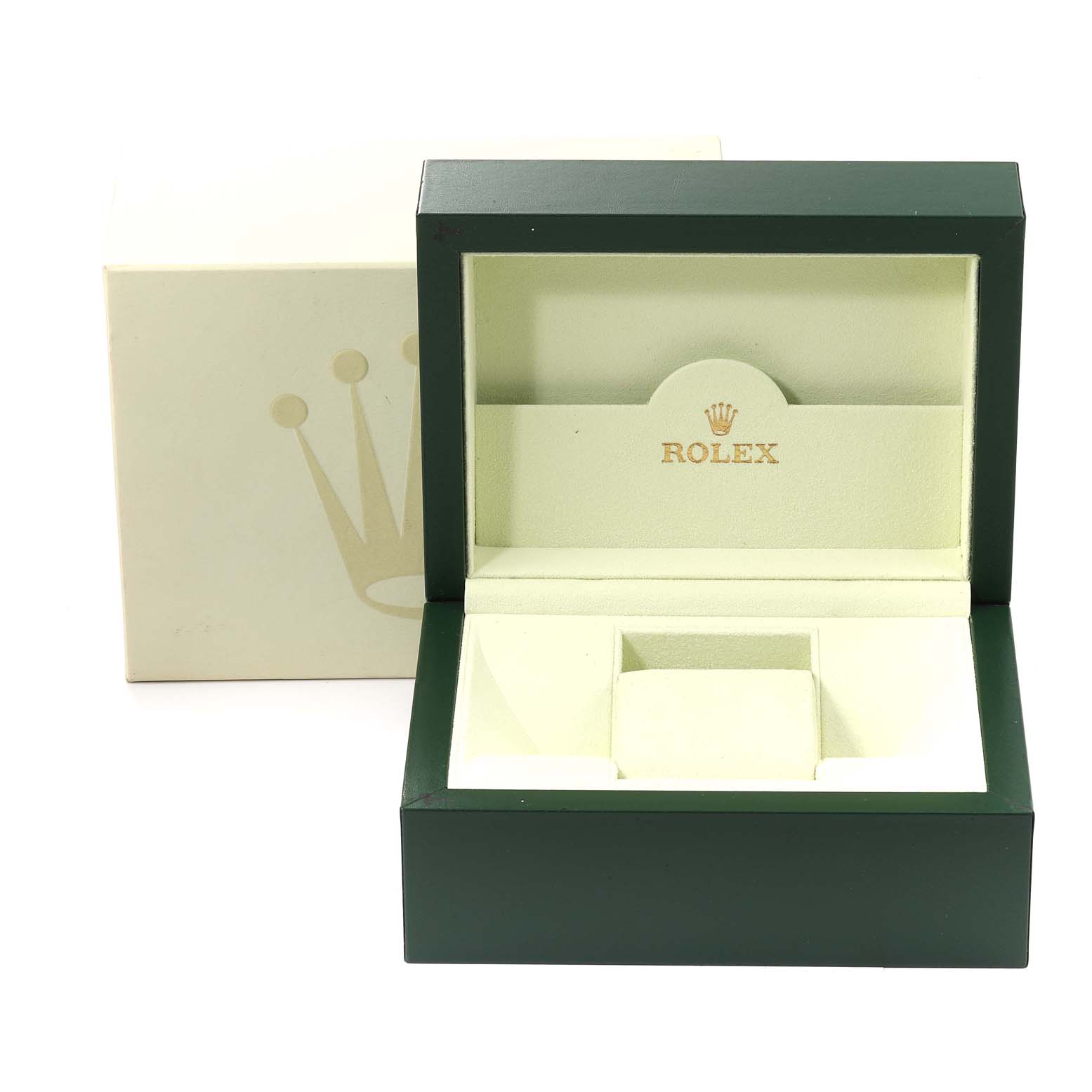 This image shows an open green and beige Rolex watch box for an Oyster Perpetual model, with the outer box in the background.