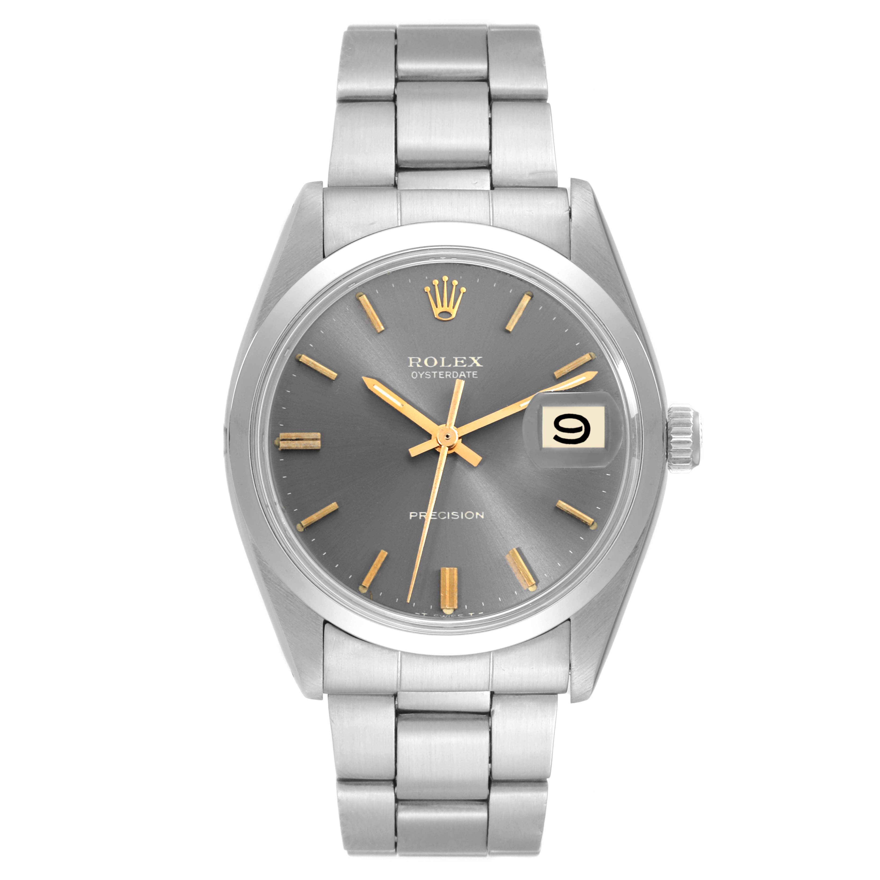 The image shows a frontal view of a Rolex Vintage Collection 6694 Men
s Stainless Steel Grey Dial 6694 Men
s Stainless Steel Grey Dial watch, displaying its face, bracelet, and date window.