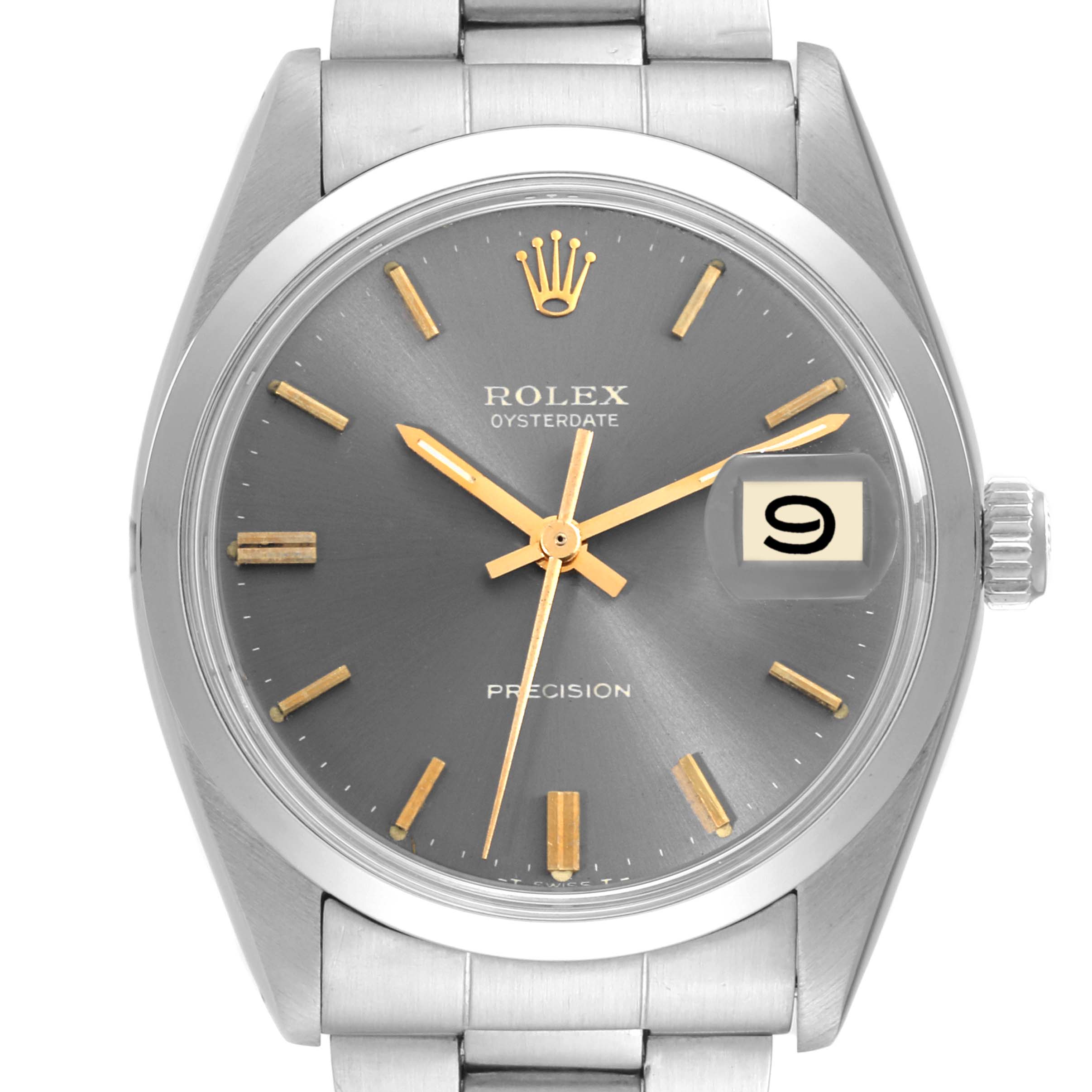 The image shows a frontal view of the Rolex Vintage Collection 6694 Men
s Stainless Steel Grey Dial 6694 Men
s Stainless Steel Grey Dial watch, displaying its dial, hands, and date window.
