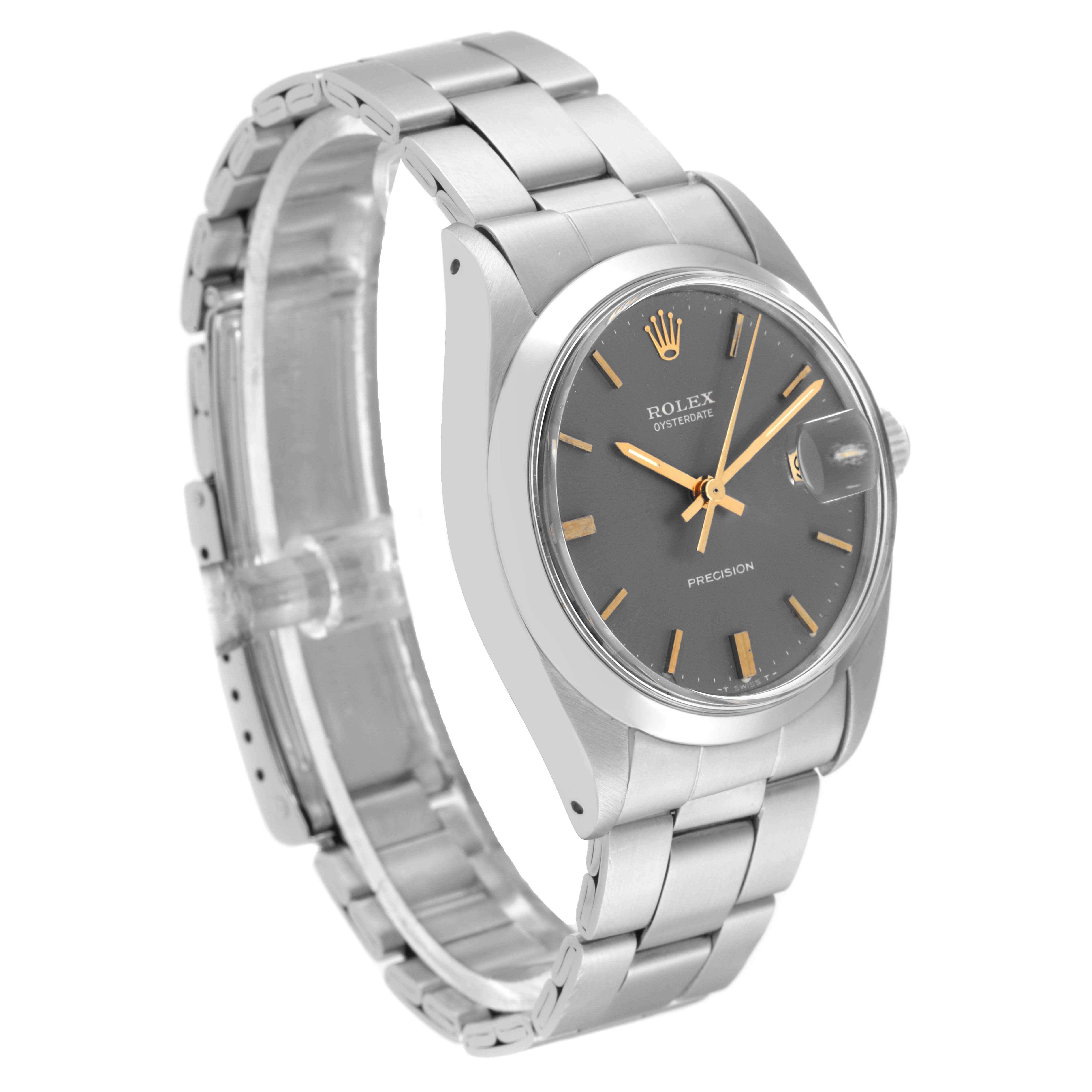 The image shows a side view of the Rolex Vintage Collection 6694 Men
s Stainless Steel Grey Dial 6694 Men
s Stainless Steel Grey Dial watch, displaying its bracelet, case, and dial.