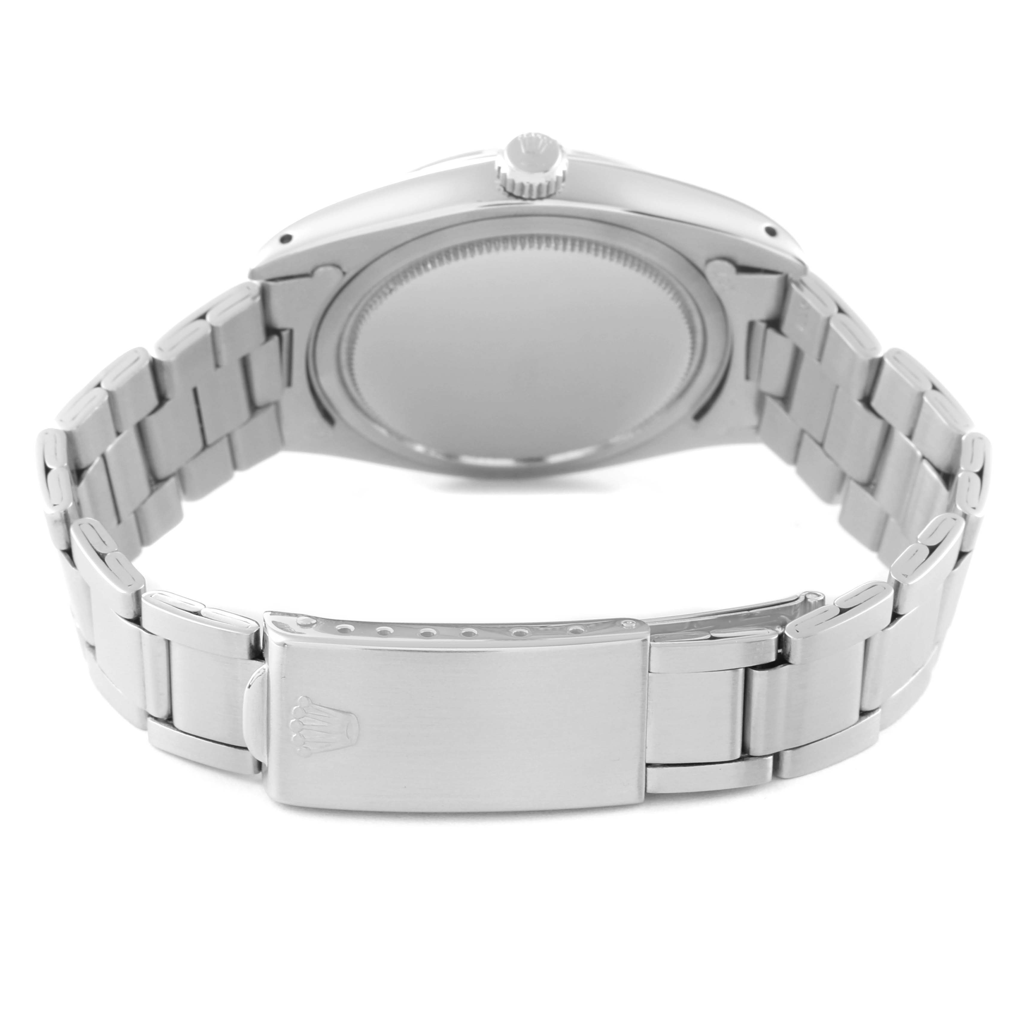 This image shows the backside and bracelet of the Rolex Vintage Collection 6694 Men
s Stainless Steel Grey Dial 6694 Men
s Stainless Steel Grey Dial watch, including the clasp and case back.