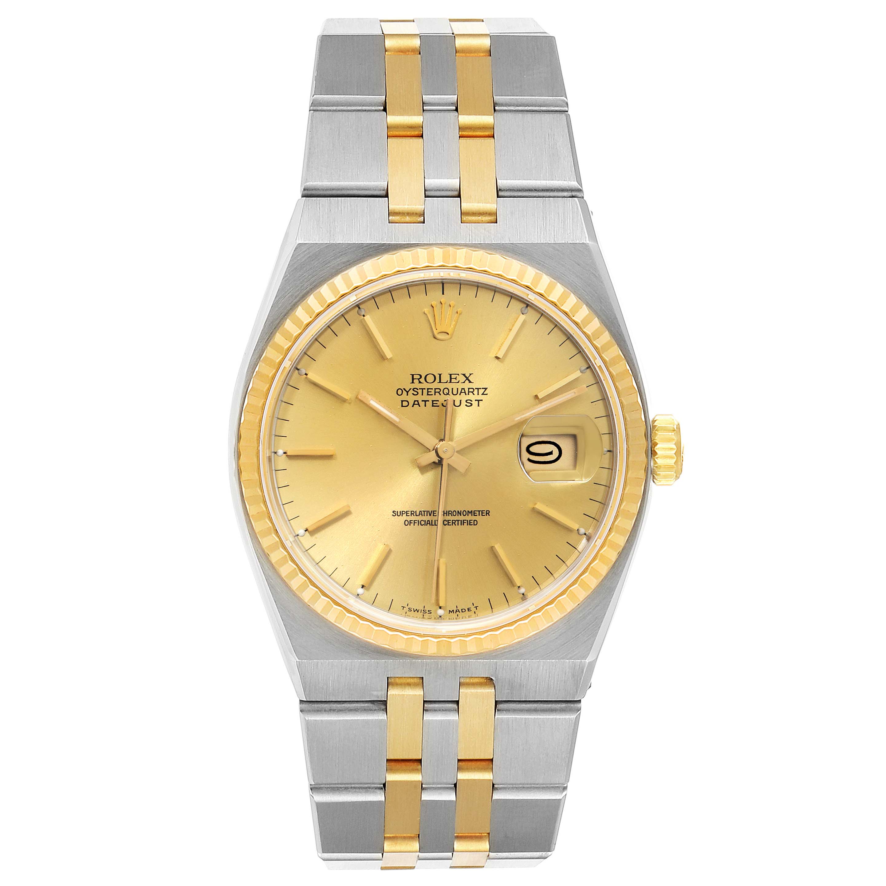 The image shows a front view of a Rolex Oysterquartz 17013 Men's Steel and Gold (two tone) Champagne Dial 17013 Men's Steel and Gold (two tone) Champagne Dial Datejust watch displaying the face, bezel, crown, and bracelet.