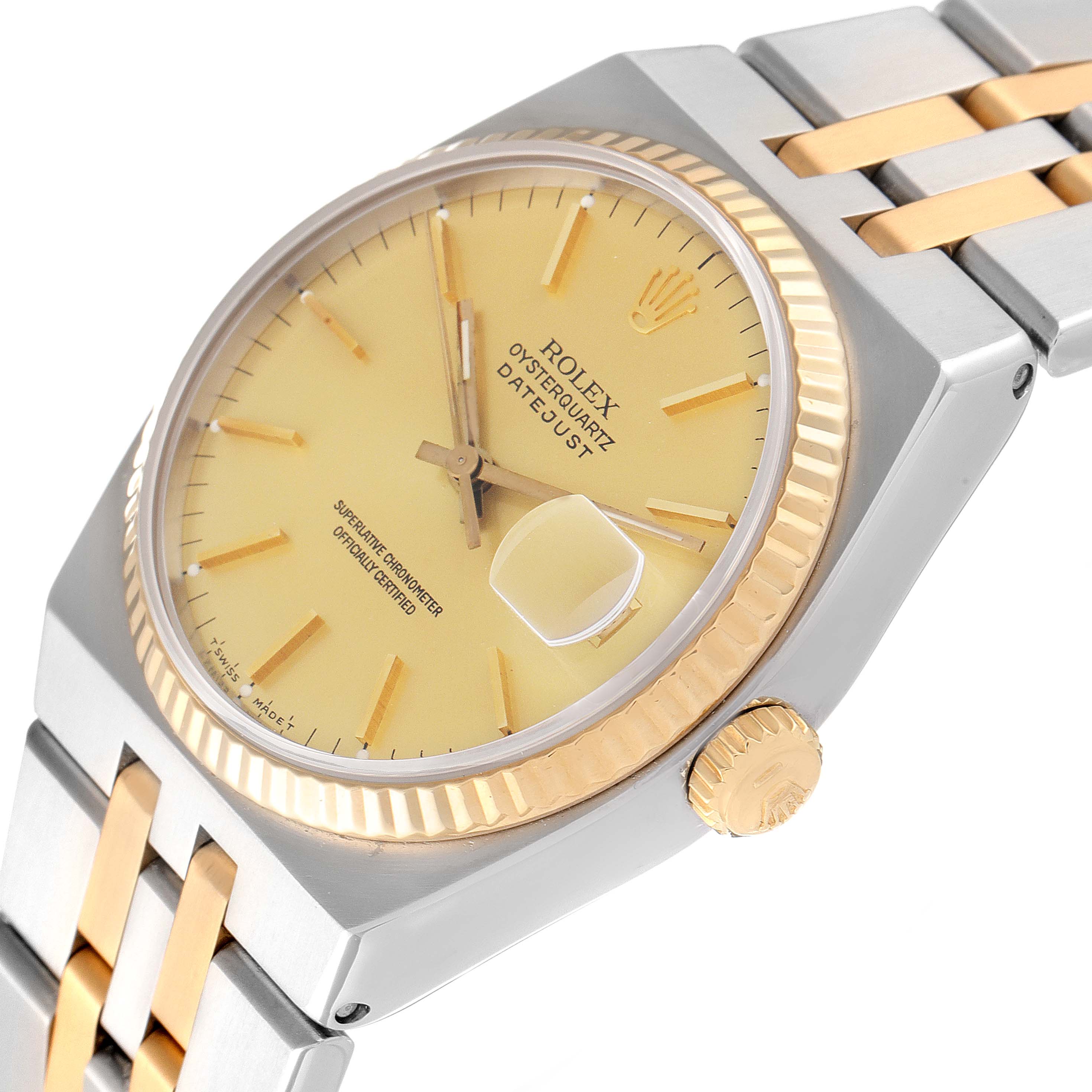 The image shows a Rolex Oysterquartz 17013 Men's Steel and Gold (two tone) Champagne Dial 17013 Men's Steel and Gold (two tone) Champagne Dial Datejust watch from a three-quarter angle, highlighting the dial, fluted bezel, and two-tone bracelet.