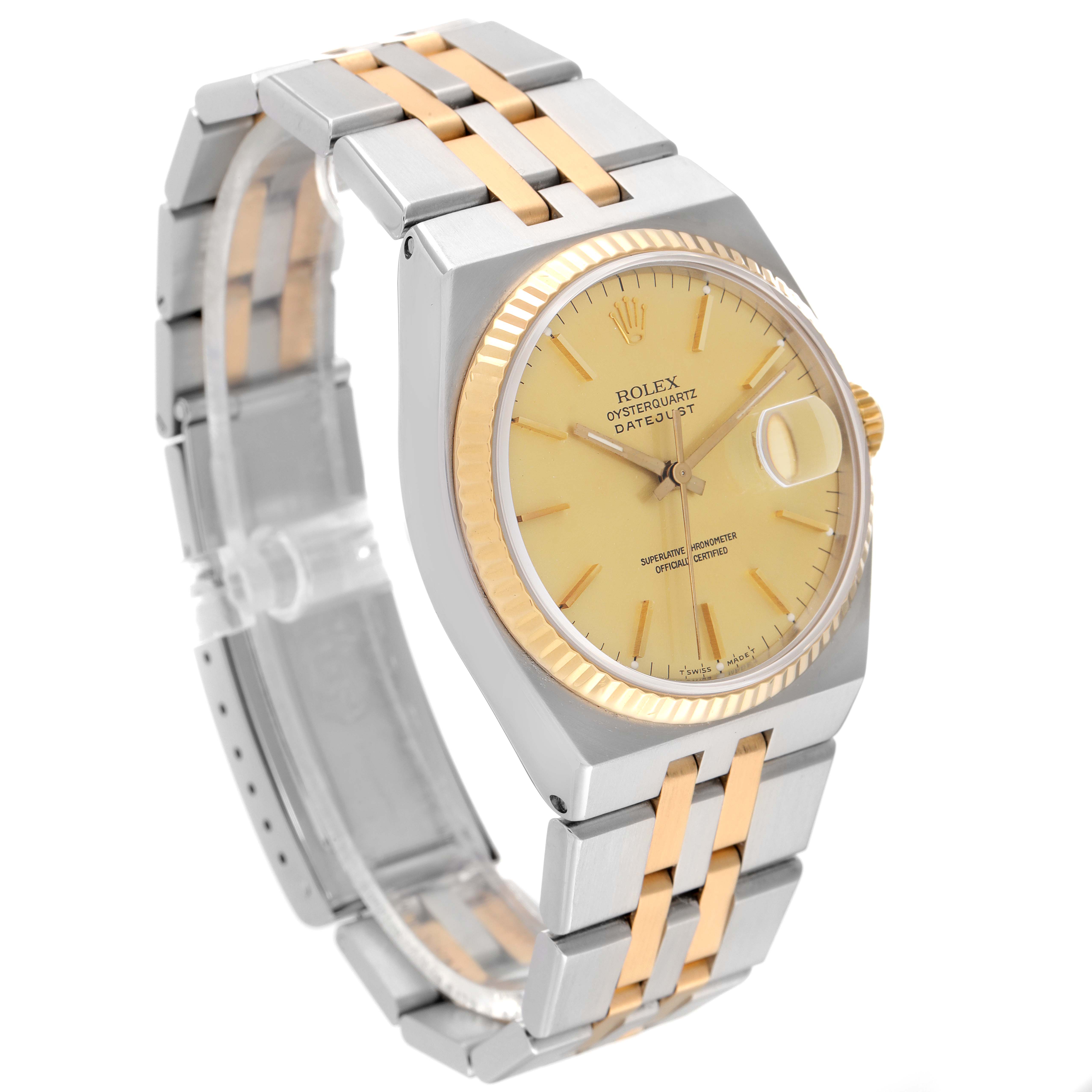 The Rolex Oysterquartz 17013 Men's Steel and Gold (two tone) Champagne Dial 17013 Men's Steel and Gold (two tone) Champagne Dial watch is shown at a three-quarter angle, highlighting the yellow-gold bezel, dial, and two-tone bracelet.
