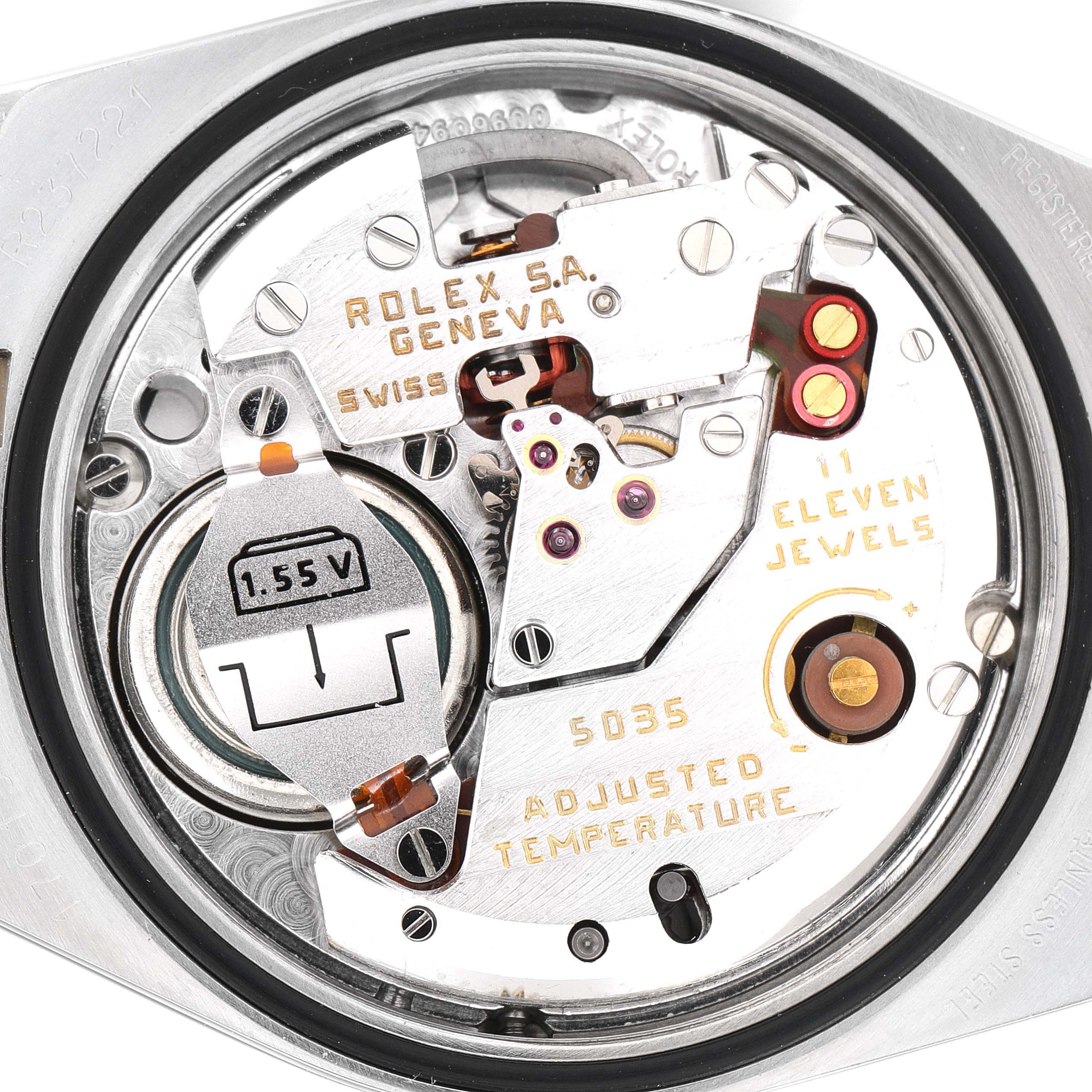 This image shows the internal mechanism of a Rolex Oysterquartz 17013 Men's Steel and Gold (two tone) Champagne Dial 17013 Men's Steel and Gold (two tone) Champagne Dial watch, viewed from the back.