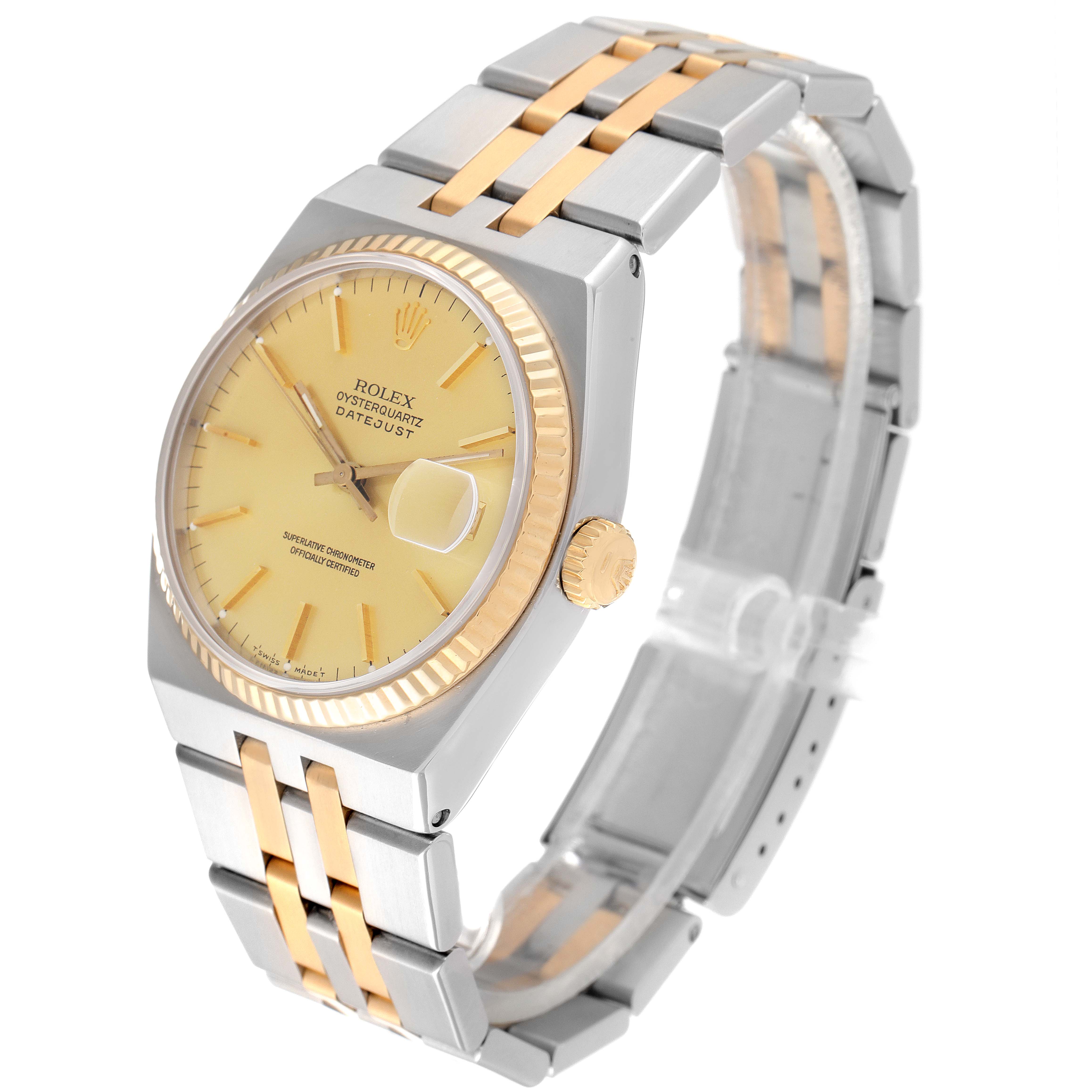 The image shows a Rolex Oysterquartz 17013 Men's Steel and Gold (two tone) Champagne Dial 17013 Men's Steel and Gold (two tone) Champagne Dial Datejust watch from an angled perspective, displaying the dial, bezel, crown, and bracelet.
