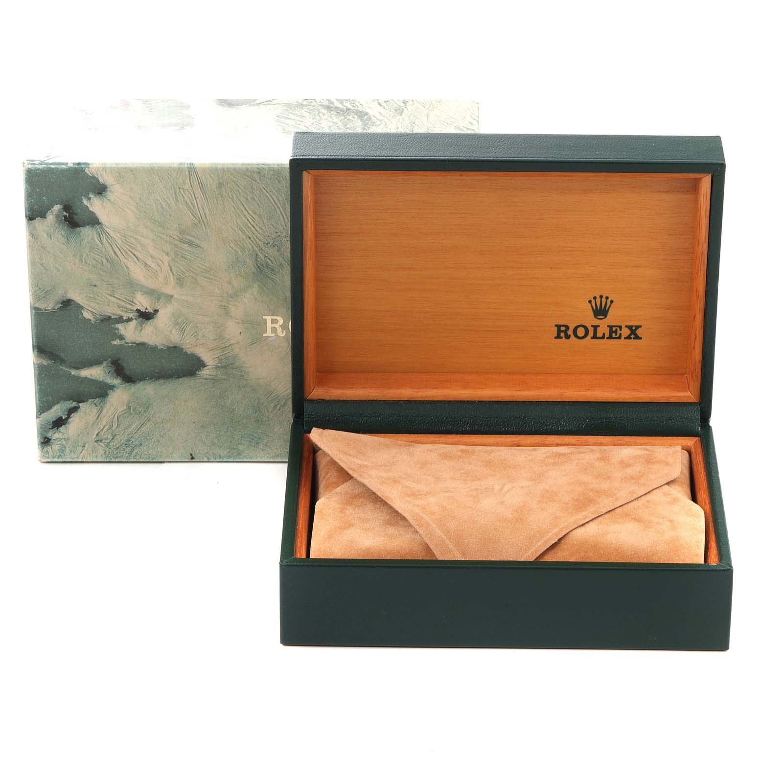 The image shows a Rolex Oysterquartz 17013 Men's Steel and Gold (two tone) Champagne Dial 17013 Men's Steel and Gold (two tone) Champagne Dial watch box and protective covering at a front-facing angle.