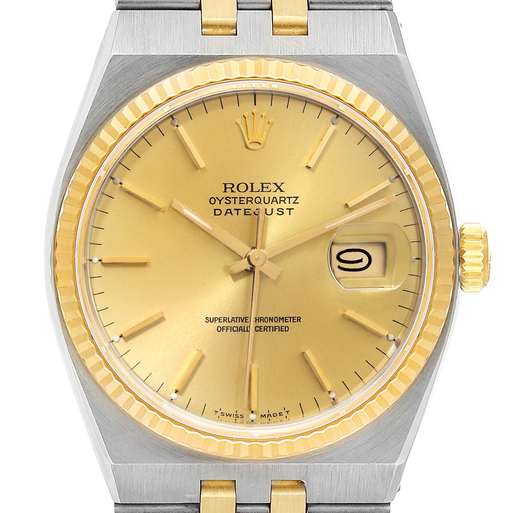 The Rolex Oysterquartz 17013 Men's Steel and Gold (two tone) Champagne Dial 17013 Men's Steel and Gold (two tone) Champagne Dial Datejust model is shown from a top-down angle, displaying the face, crown, and part of the bracelet.
