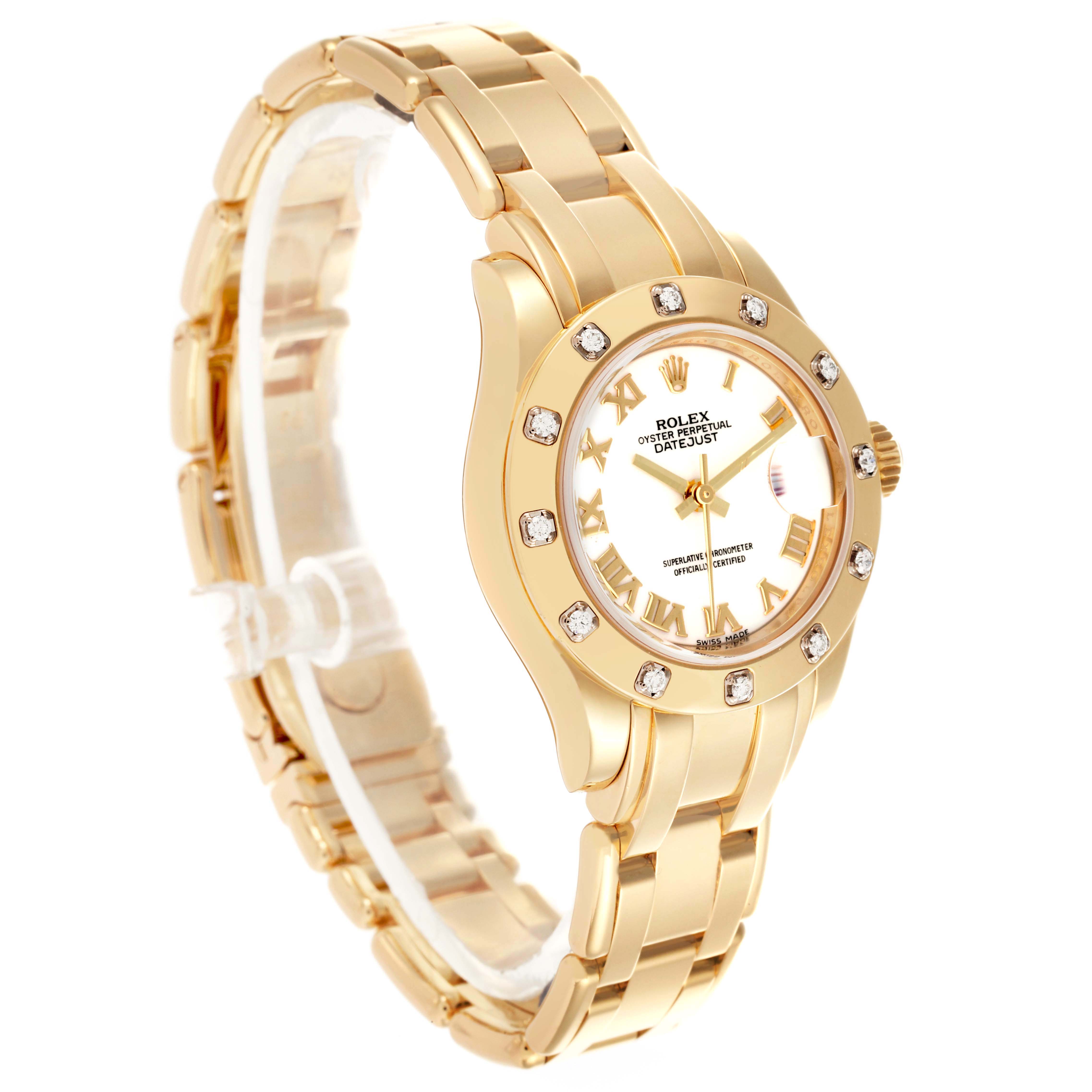 The Rolex Pearlmaster 80318 Women's Yellow Gold White Dial 80318 Women's Yellow Gold White Dial watch is shown at a slight angle, highlighting its gold bracelet and diamond-encrusted bezel.