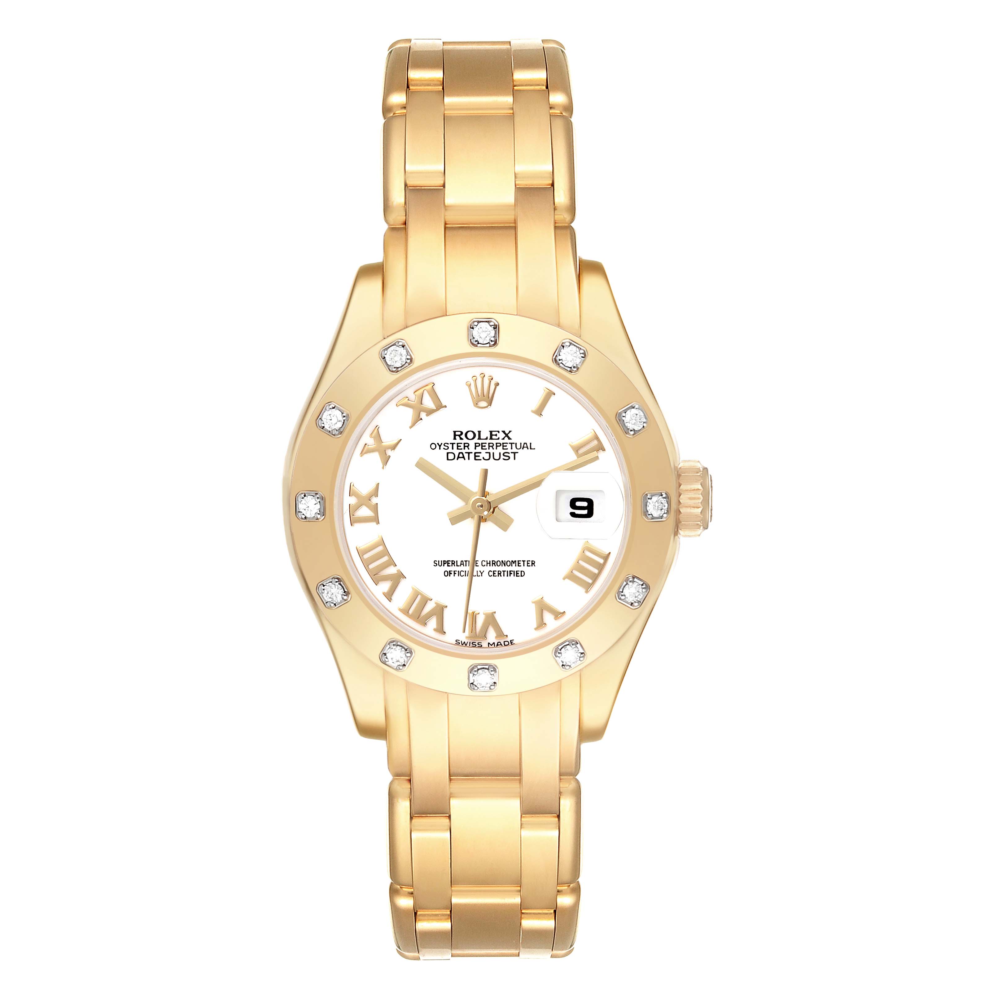 The Rolex Pearlmaster 80318 Women's Yellow Gold White Dial 80318 Women's Yellow Gold White Dial watch is shown from a front angle, highlighting its gold case, diamond bezel, and bracelet.