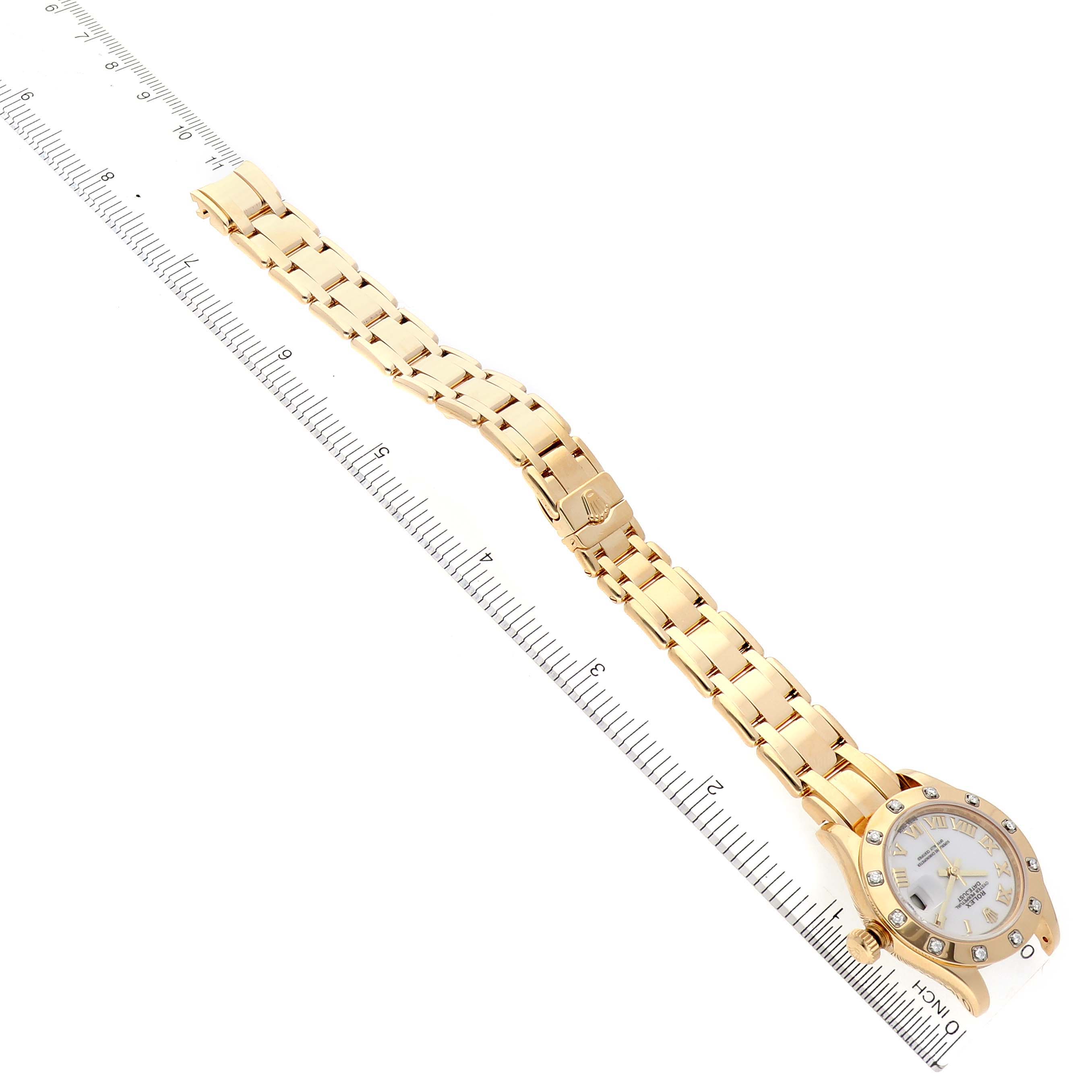 The Rolex Pearlmaster 80318 Women's Yellow Gold White Dial 80318 Women's Yellow Gold White Dial watch is shown from an angled top view, displaying the face and full bracelet.