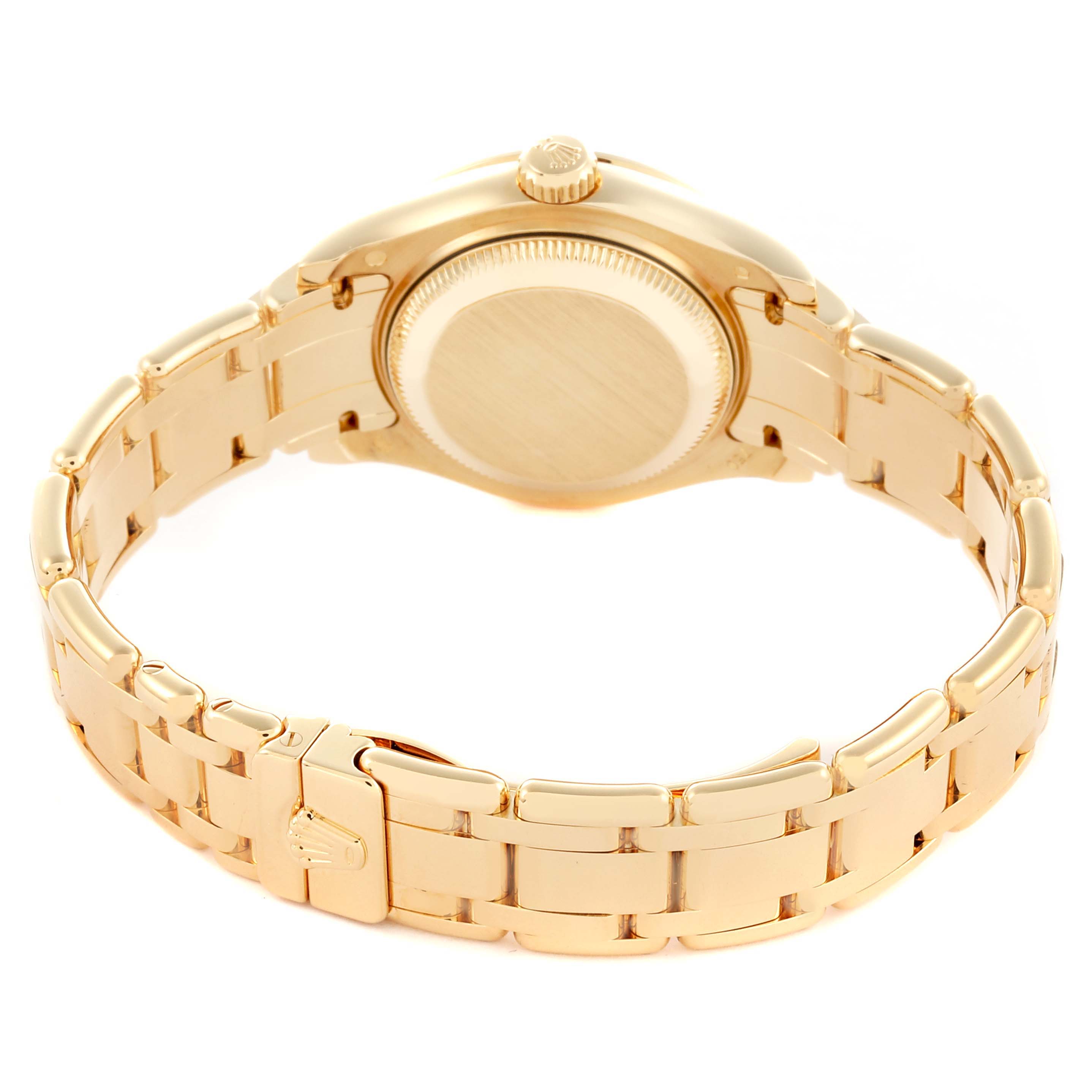 The Rolex Pearlmaster 80318 Women's Yellow Gold White Dial 80318 Women's Yellow Gold White Dial watch is shown from the back, highlighting the bracelet and case back.