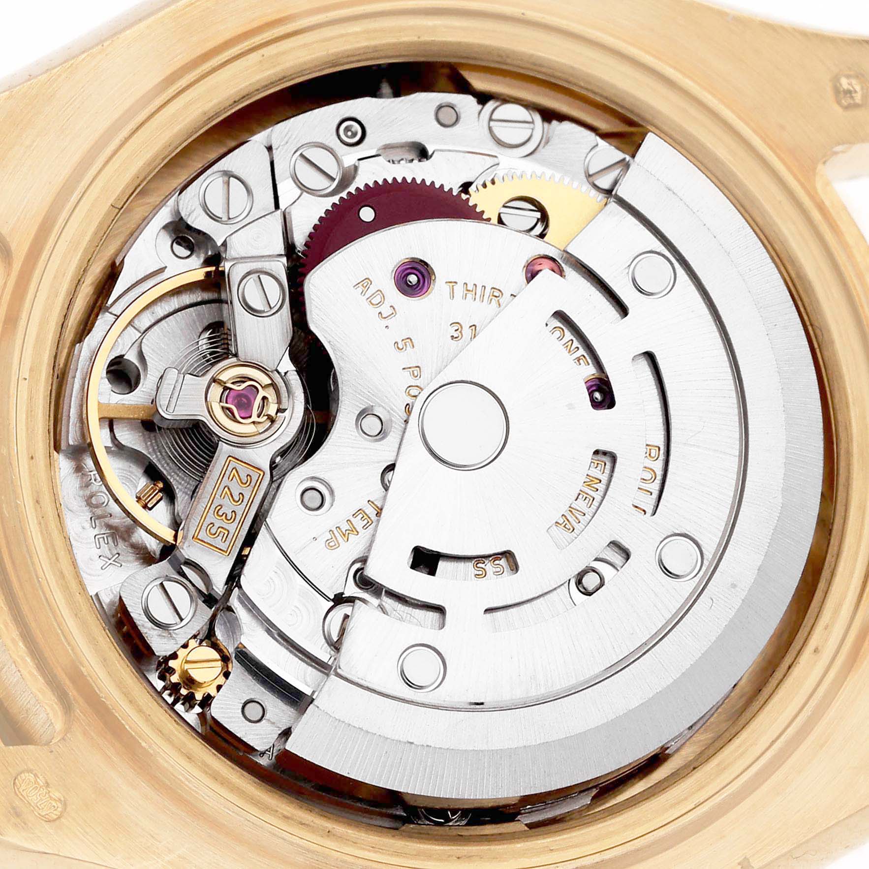 The image shows the internal mechanism of a Rolex Pearlmaster 80318 Women's Yellow Gold White Dial 80318 Women's Yellow Gold White Dial watch from a top-down angle.