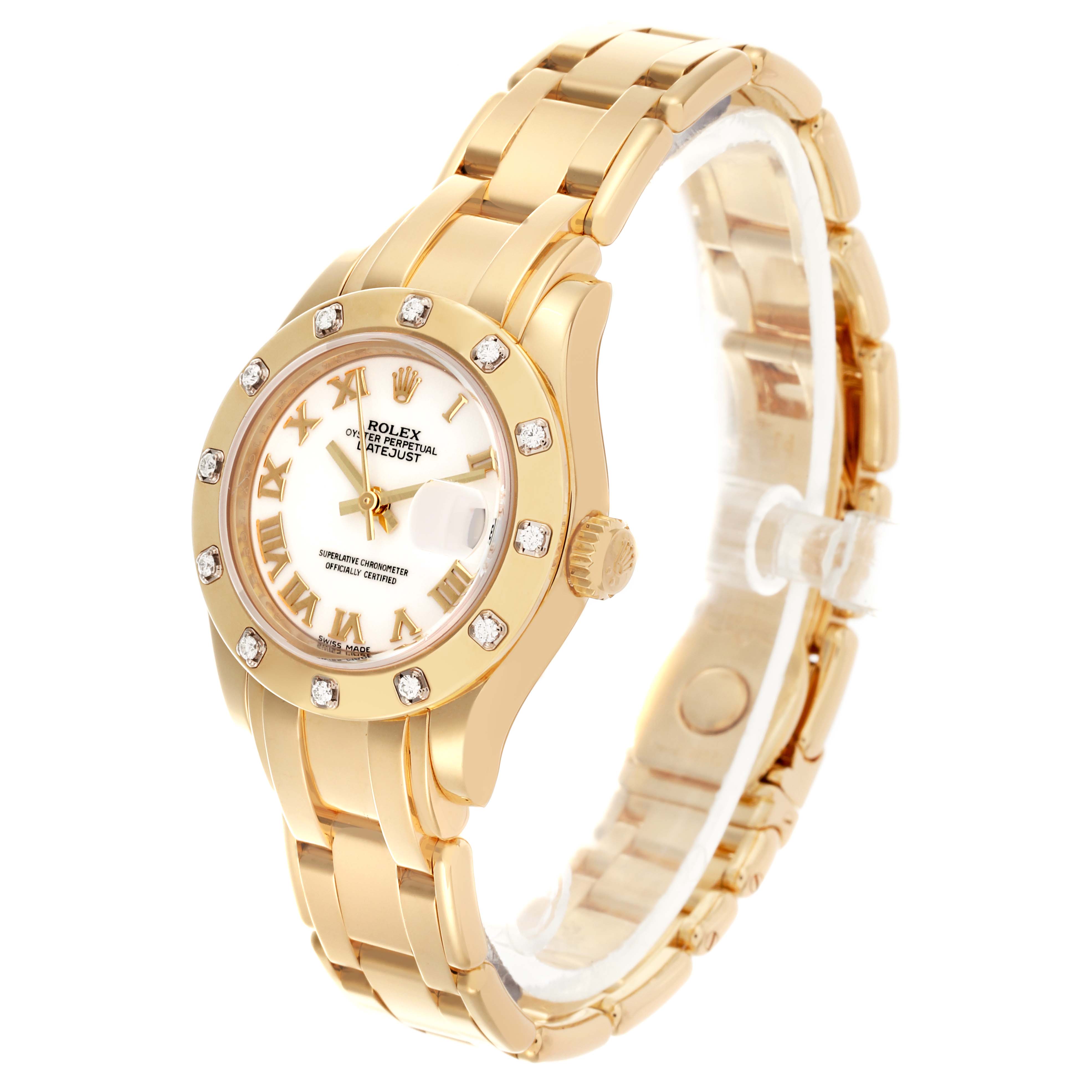 The Rolex Pearlmaster 80318 Women's Yellow Gold White Dial 80318 Women's Yellow Gold White Dial watch is shown at a slight angled view highlighting the face, bezel, crown, and part of the bracelet.