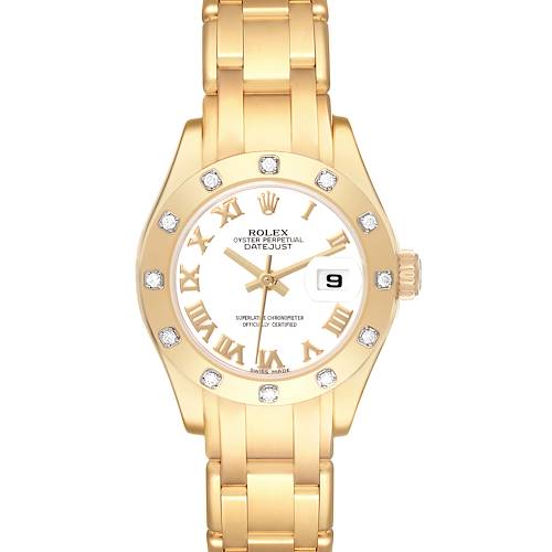 The Rolex Pearlmaster watch is shown from the front, displaying the face, dial, bezel, crown, and bracelet.