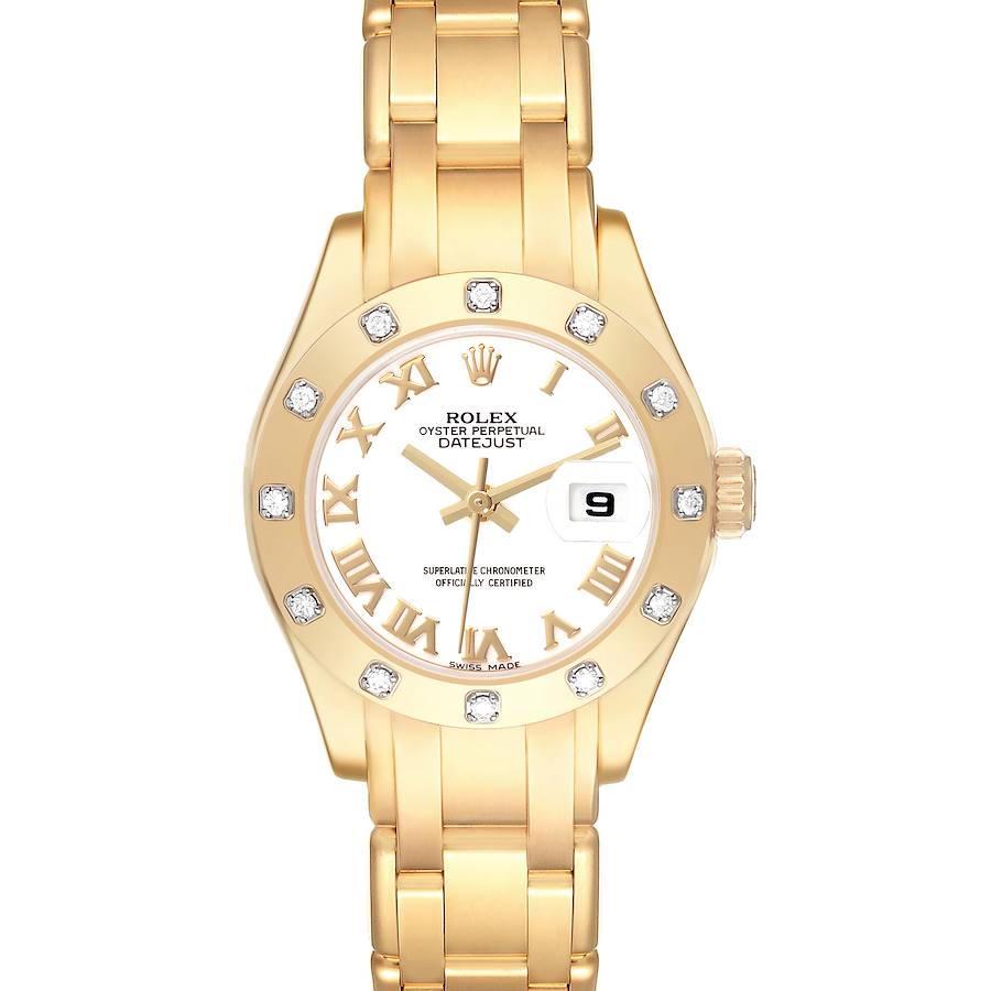 The Rolex Pearlmaster watch is shown from the front, featuring the dial, bezel, and bracelet.