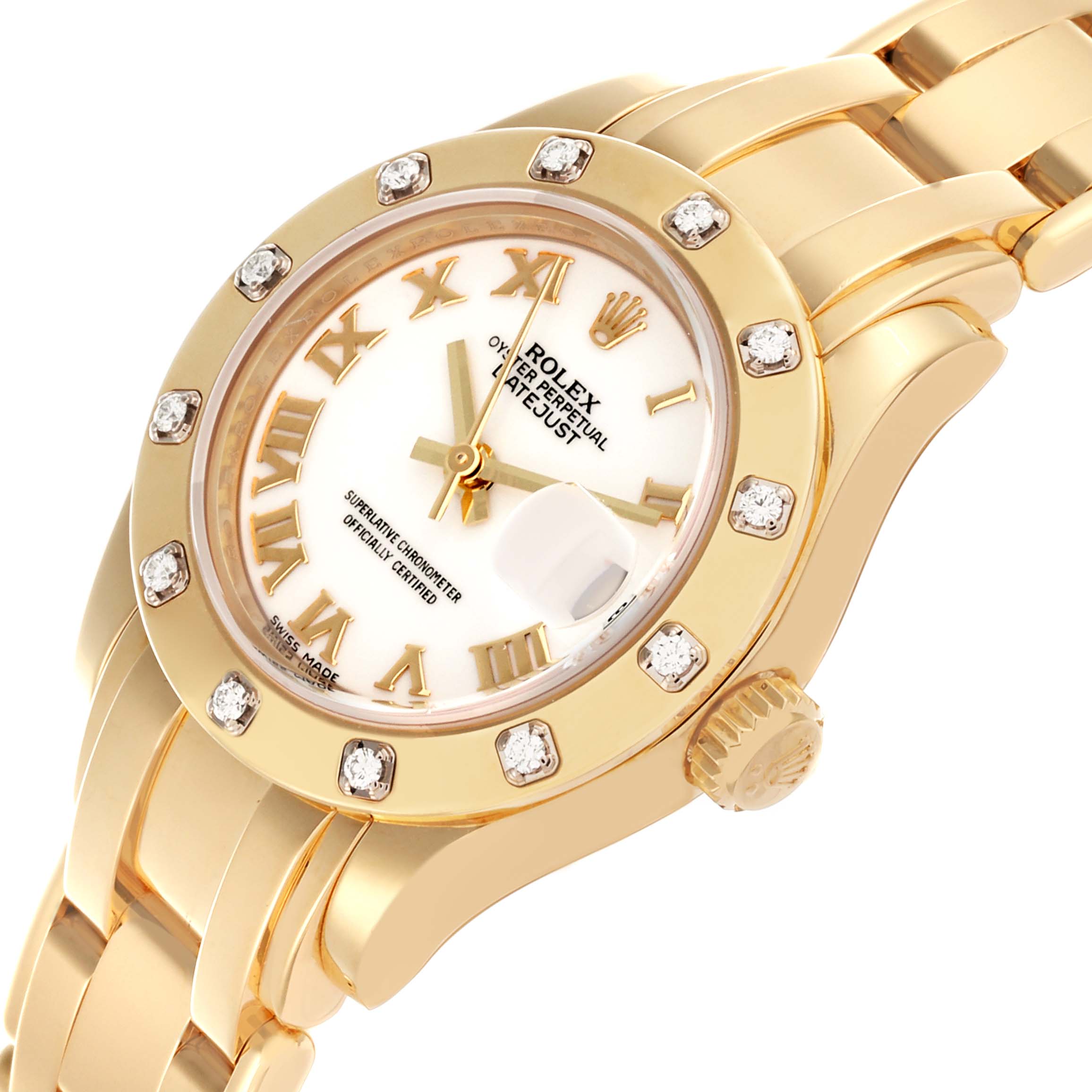 The Rolex Pearlmaster 80318 Women's Yellow Gold White Dial 80318 Women's Yellow Gold White Dial watch is shown in a close-up angle, highlighting the face, bezel with diamonds, and part of the bracelet.