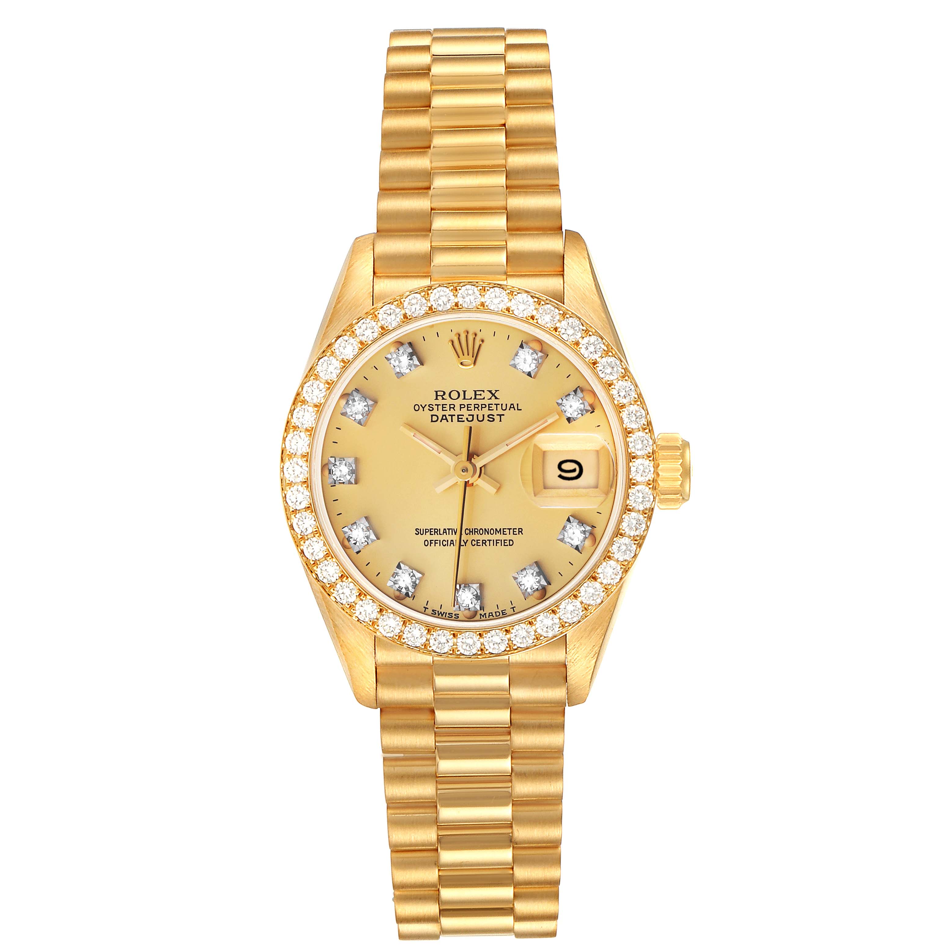 This image shows a Rolex President 69138 Women
s Yellow Gold Champagne Dial 69138 Women
s Yellow Gold Champagne Dial model watch from a front angle, displaying the watch face, dial, bezel, and bracelet.