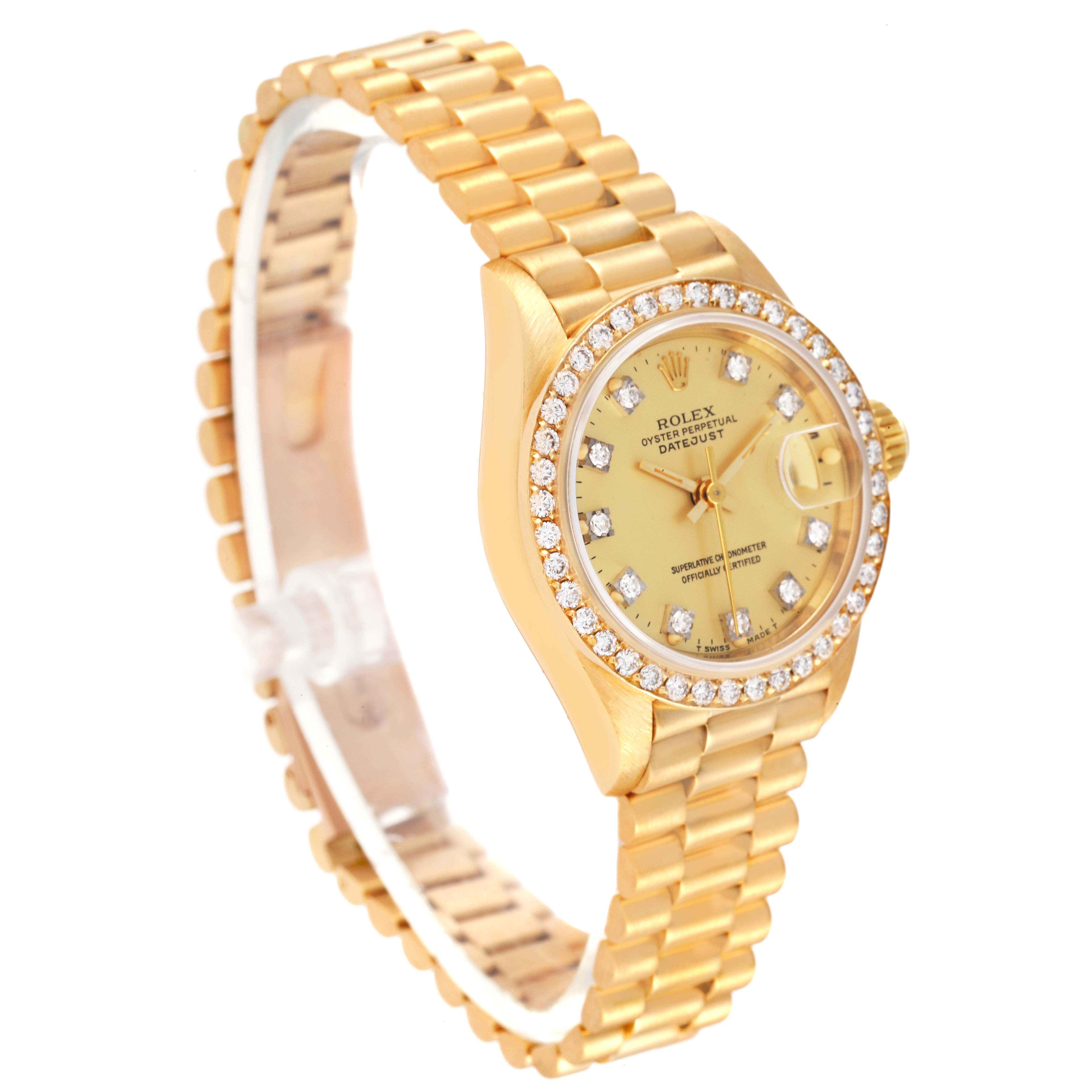 This image shows a Rolex President 69138 Women
s Yellow Gold Champagne Dial 69138 Women
s Yellow Gold Champagne Dial model watch from a front angled view, highlighting the dial, bezel, and bracelet.