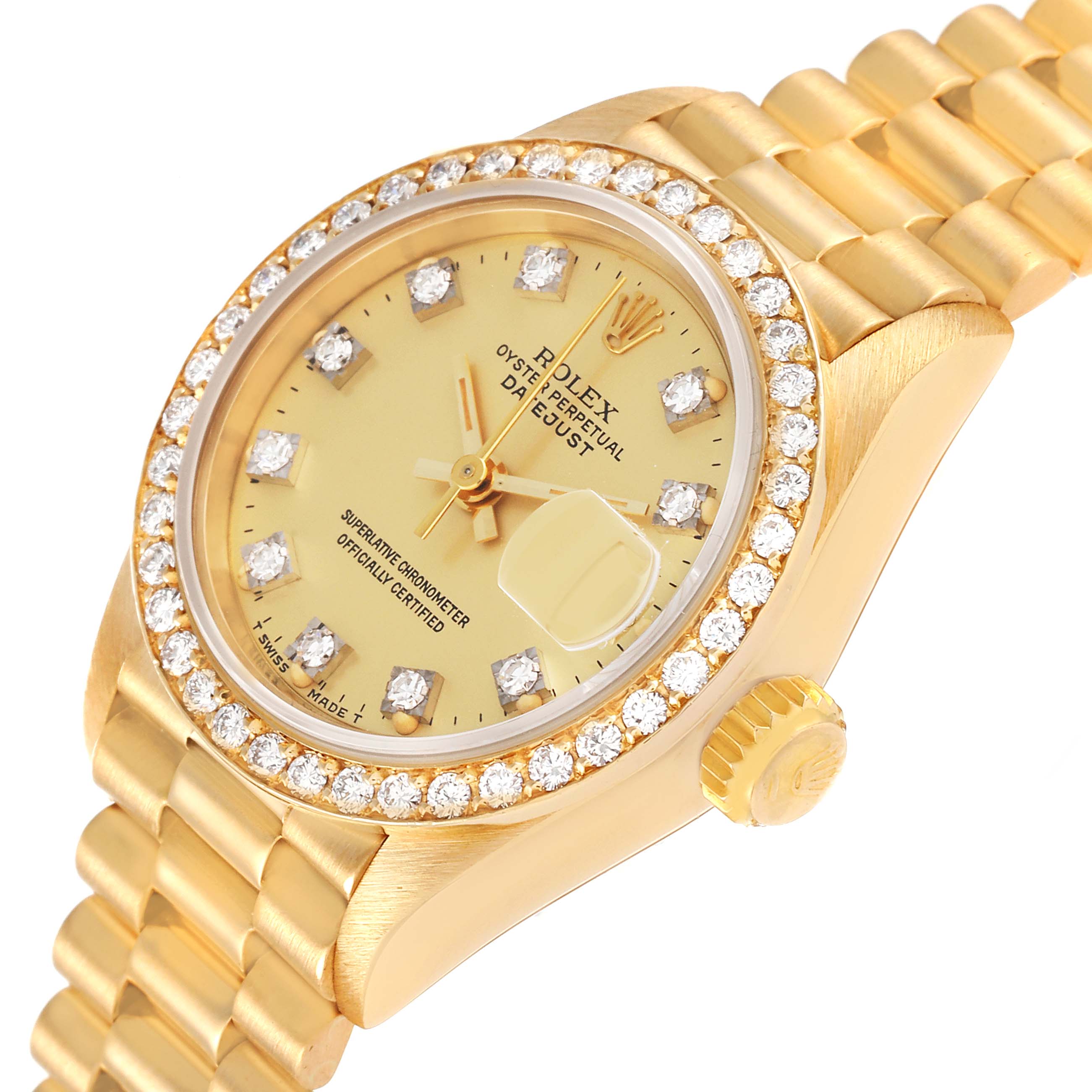 The image shows the face, bezel, dial, and bracelet of a Rolex President 69138 Women
s Yellow Gold Champagne Dial 69138 Women
s Yellow Gold Champagne Dial model watch at a slight angle.