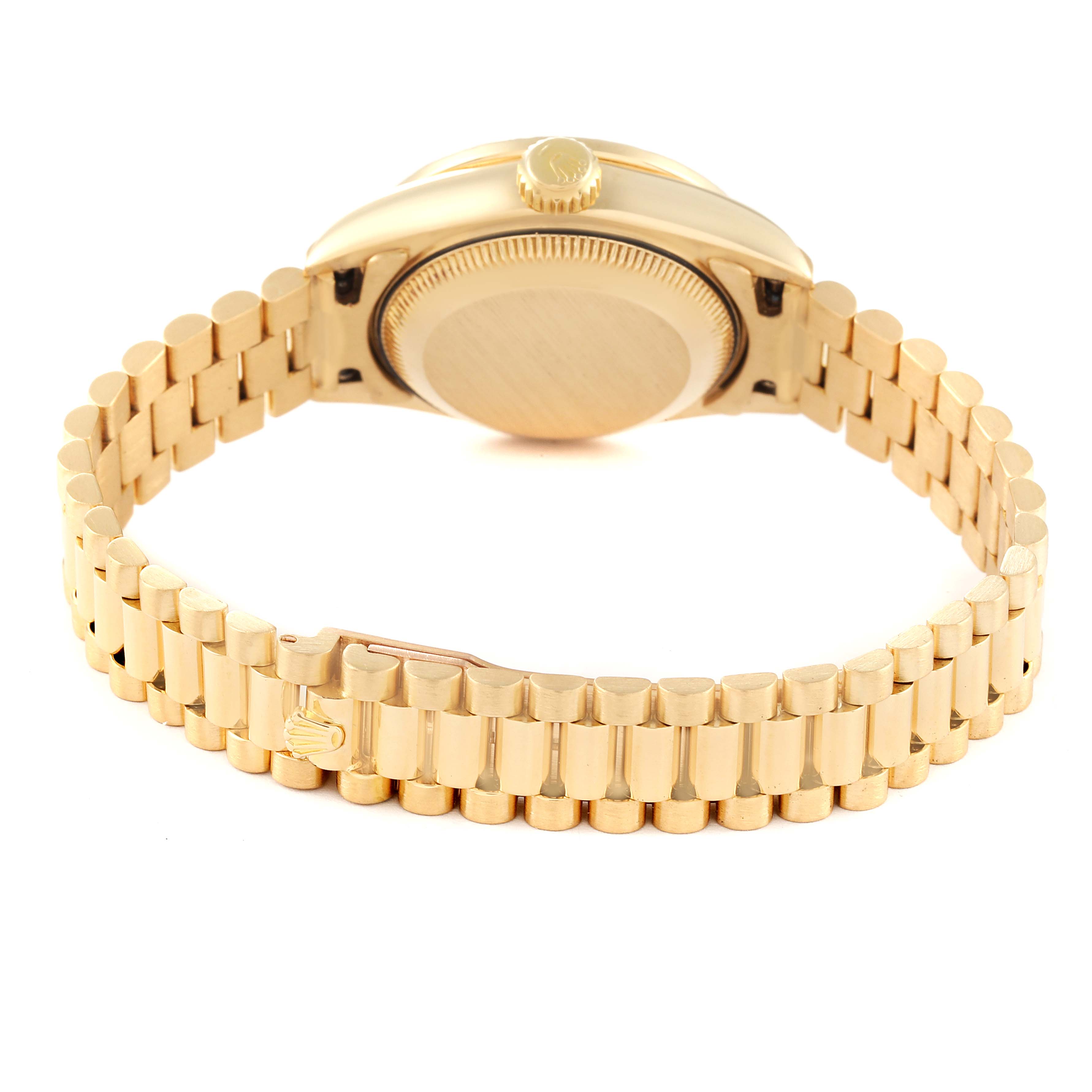 The image shows the back view of a Rolex President 69138 Women
s Yellow Gold Champagne Dial 69138 Women
s Yellow Gold Champagne Dial model watch, highlighting its gold case and bracelet.