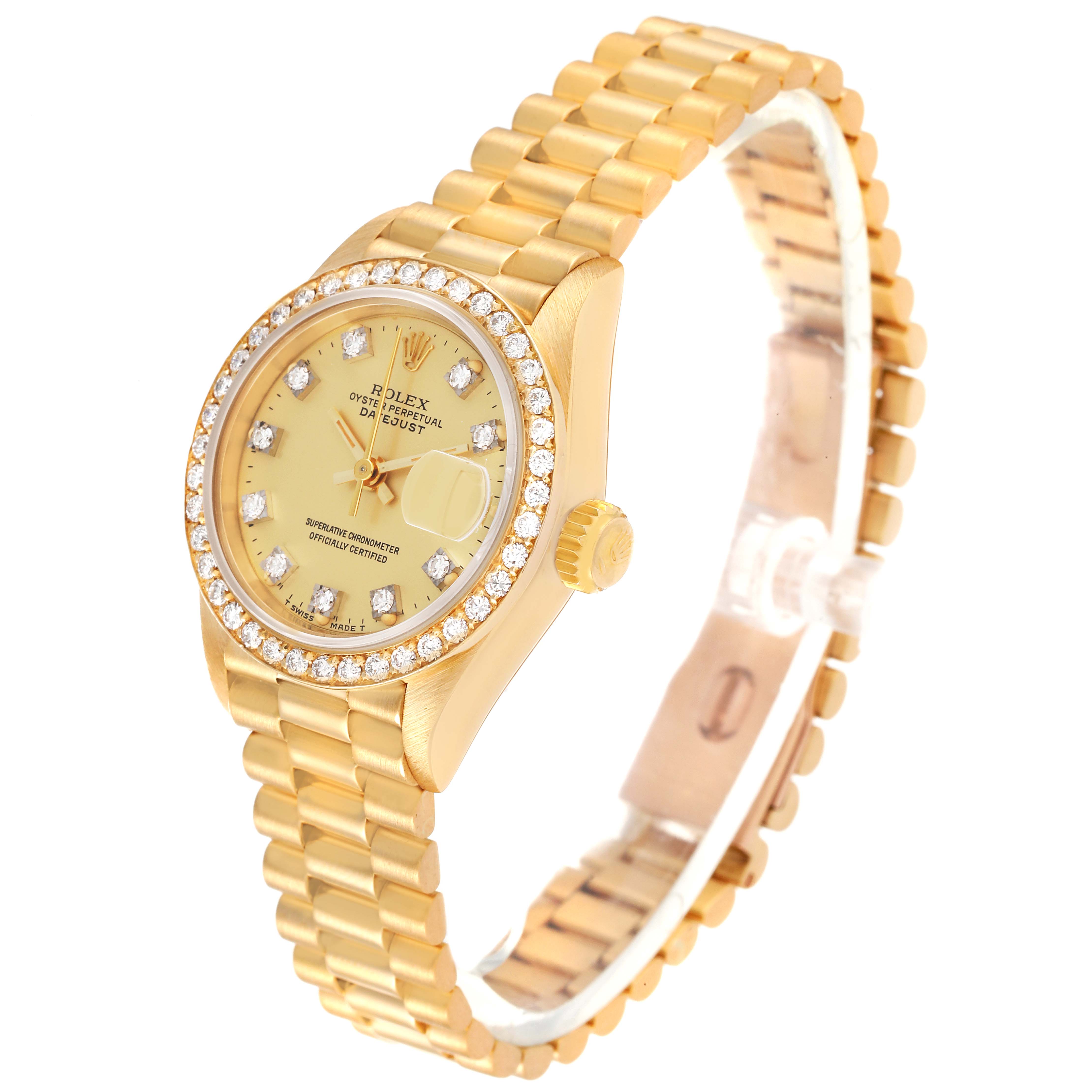 This image shows a Rolex President 69138 Women
s Yellow Gold Champagne Dial 69138 Women
s Yellow Gold Champagne Dial model watch at a three-quarter angle, highlighting its gold bracelet, dial, and diamond-set bezel.