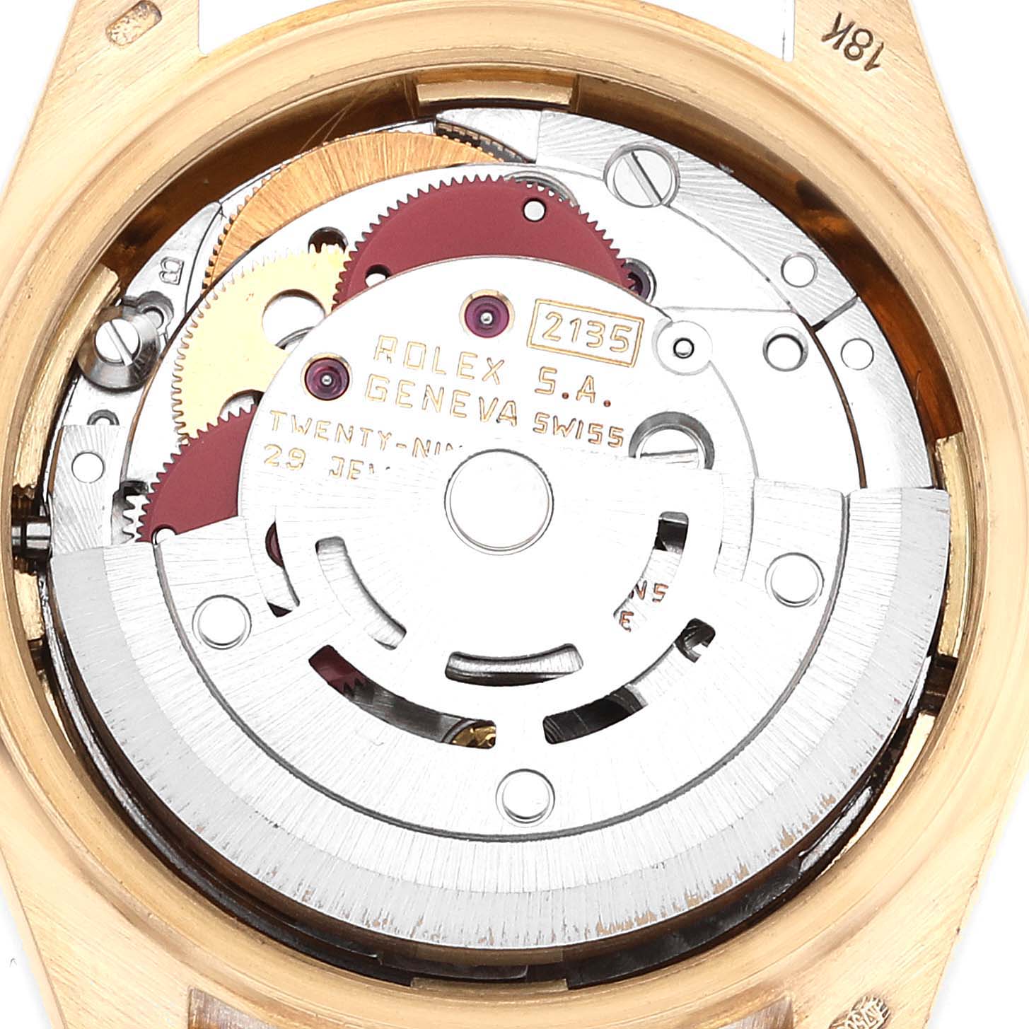 This is an image of the inner mechanical movement of a Rolex President 69138 Women
s Yellow Gold Champagne Dial 69138 Women
s Yellow Gold Champagne Dial model watch, showcasing its intricate gears and components.