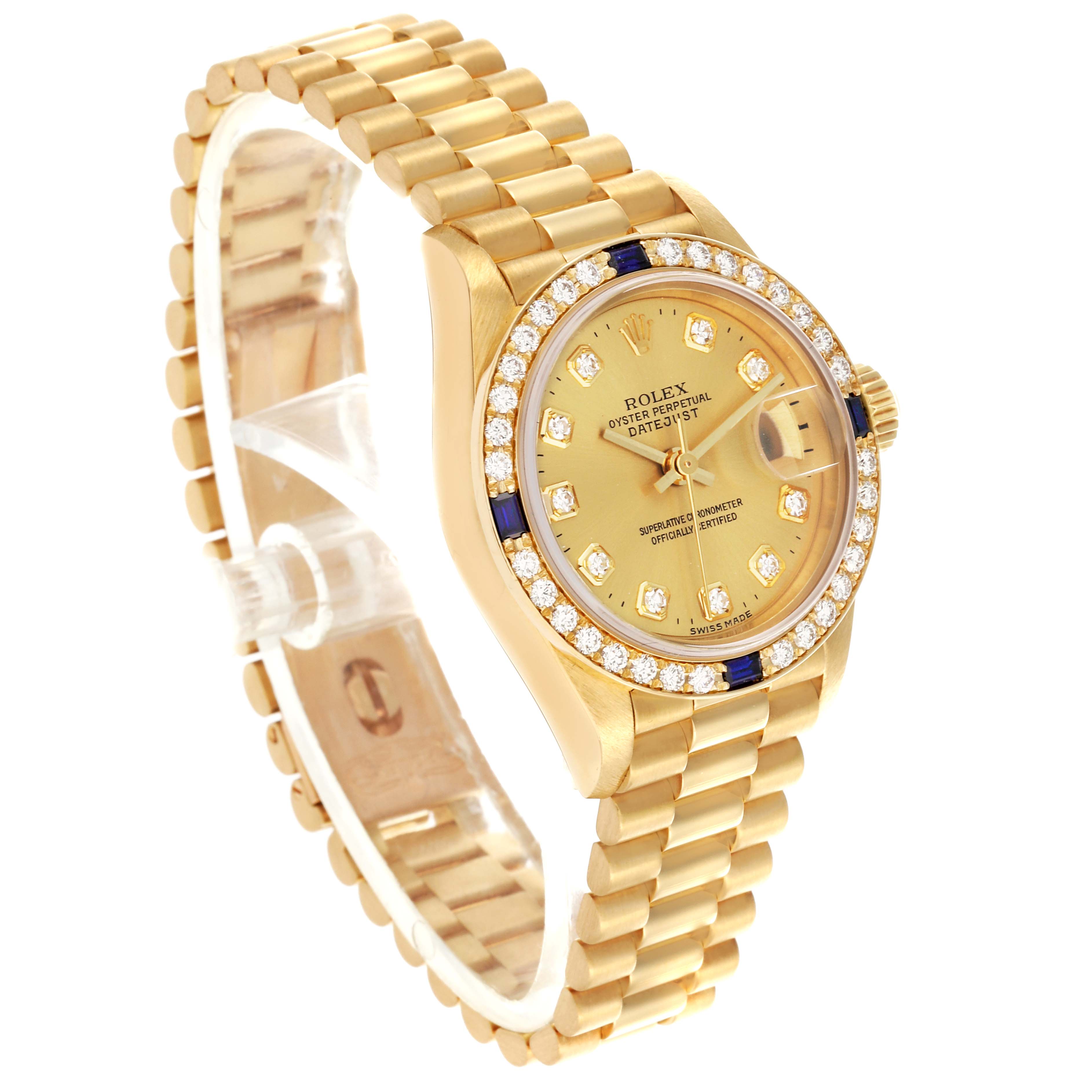 The Rolex President 79088 Women's Yellow Gold Champagne Dial 79088 Women's Yellow Gold Champagne Dial model is shown from a three-quarter angle, highlighting the dial, bezel, and bracelet.
