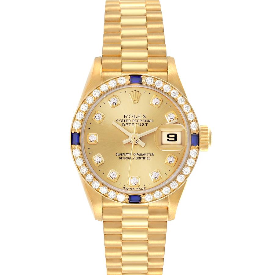 The Rolex President model is shown from the front, highlighting its gold case, diamond bezel, and bracelet.