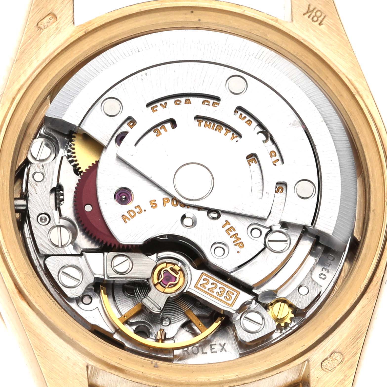 The image shows the inner movement mechanism of a Rolex President 79088 Women's Yellow Gold Champagne Dial 79088 Women's Yellow Gold Champagne Dial watch from a top-down angle.