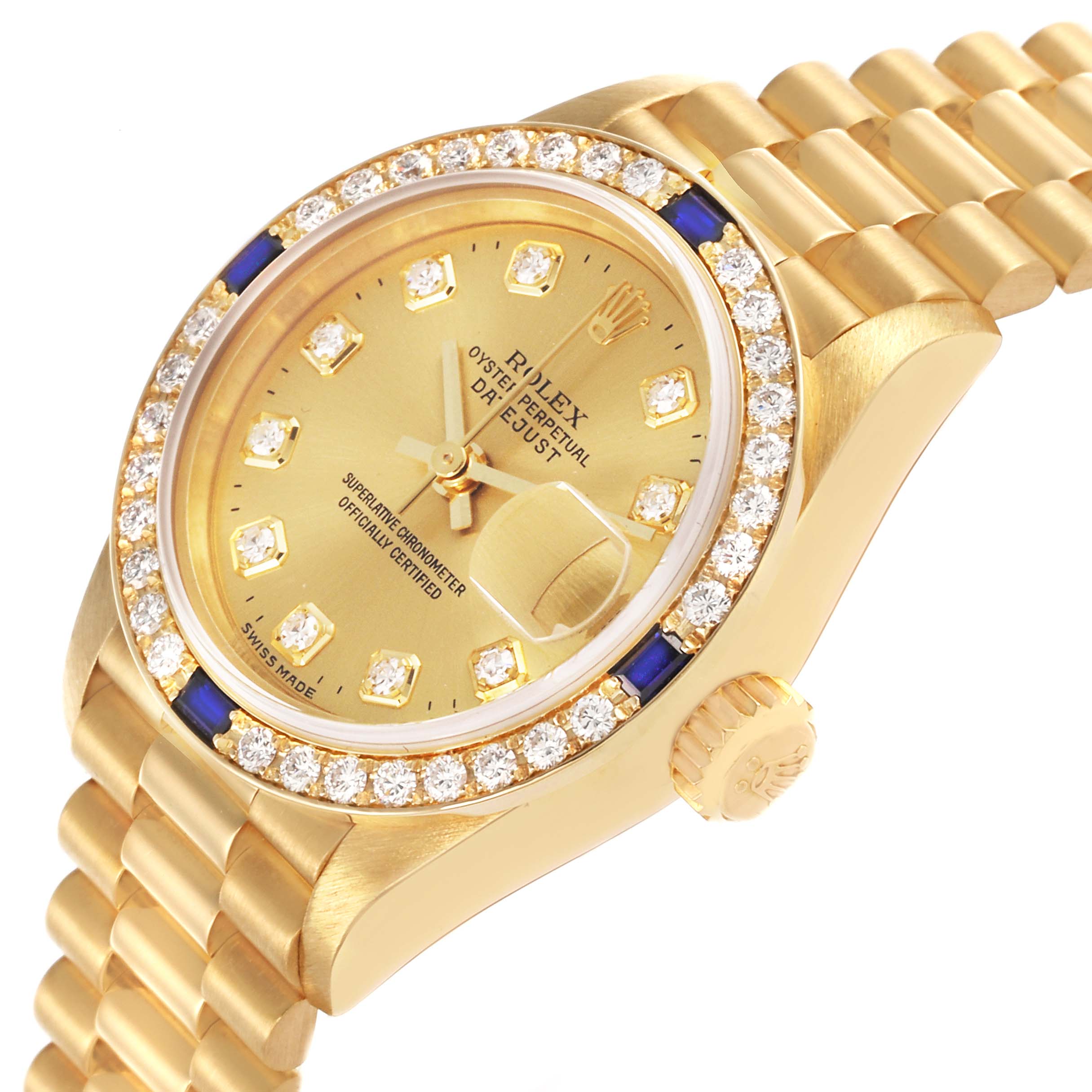 The Rolex President 79088 Women's Yellow Gold Champagne Dial 79088 Women's Yellow Gold Champagne Dial watch is shown at a tilted angle, highlighting the dial, bezel, and crown.